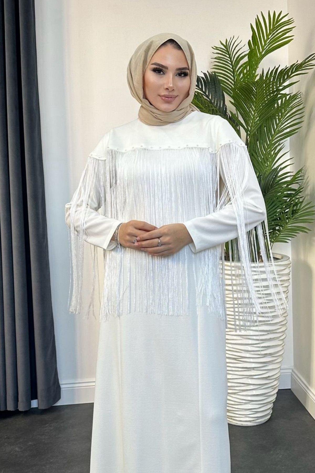 Püskül Detay Elbise Beyaz, Fiyatları 