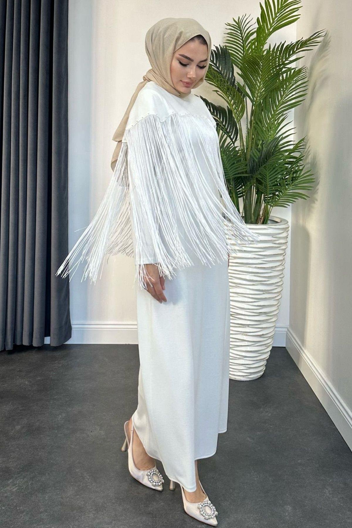 Püskül Detay Elbise Beyaz, Fiyatları 