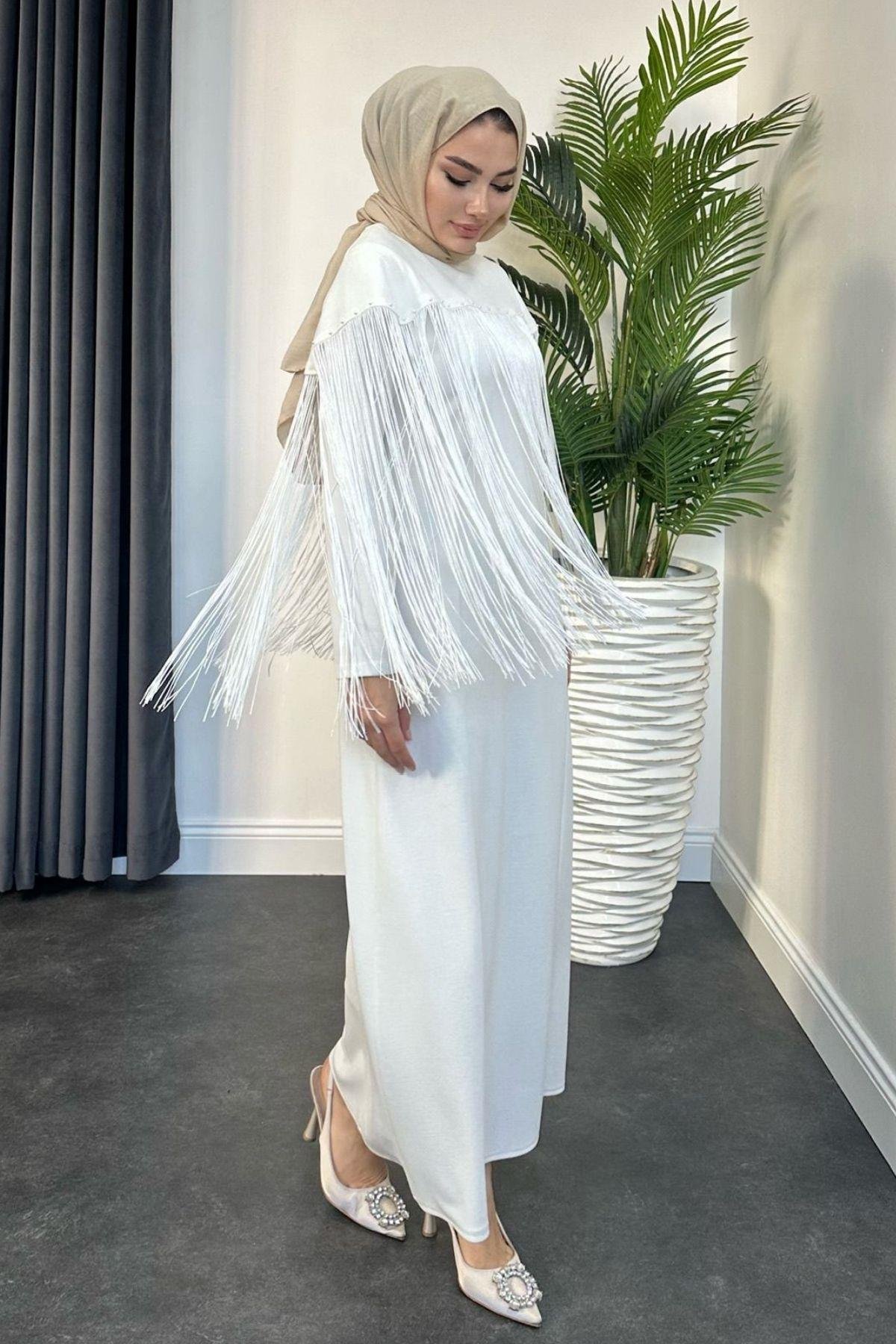 Püskül Detay Elbise Beyaz, Fiyatları 