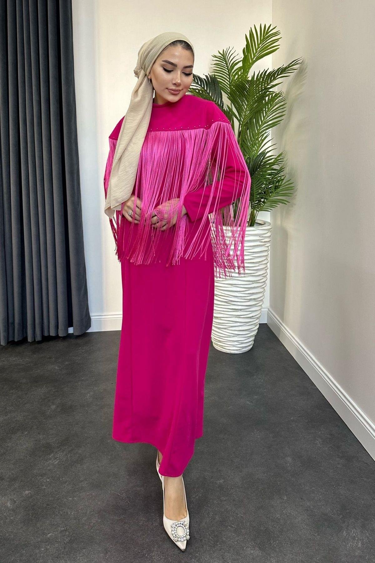 Püskül Detay Elbise Fuşya, Fiyatları 