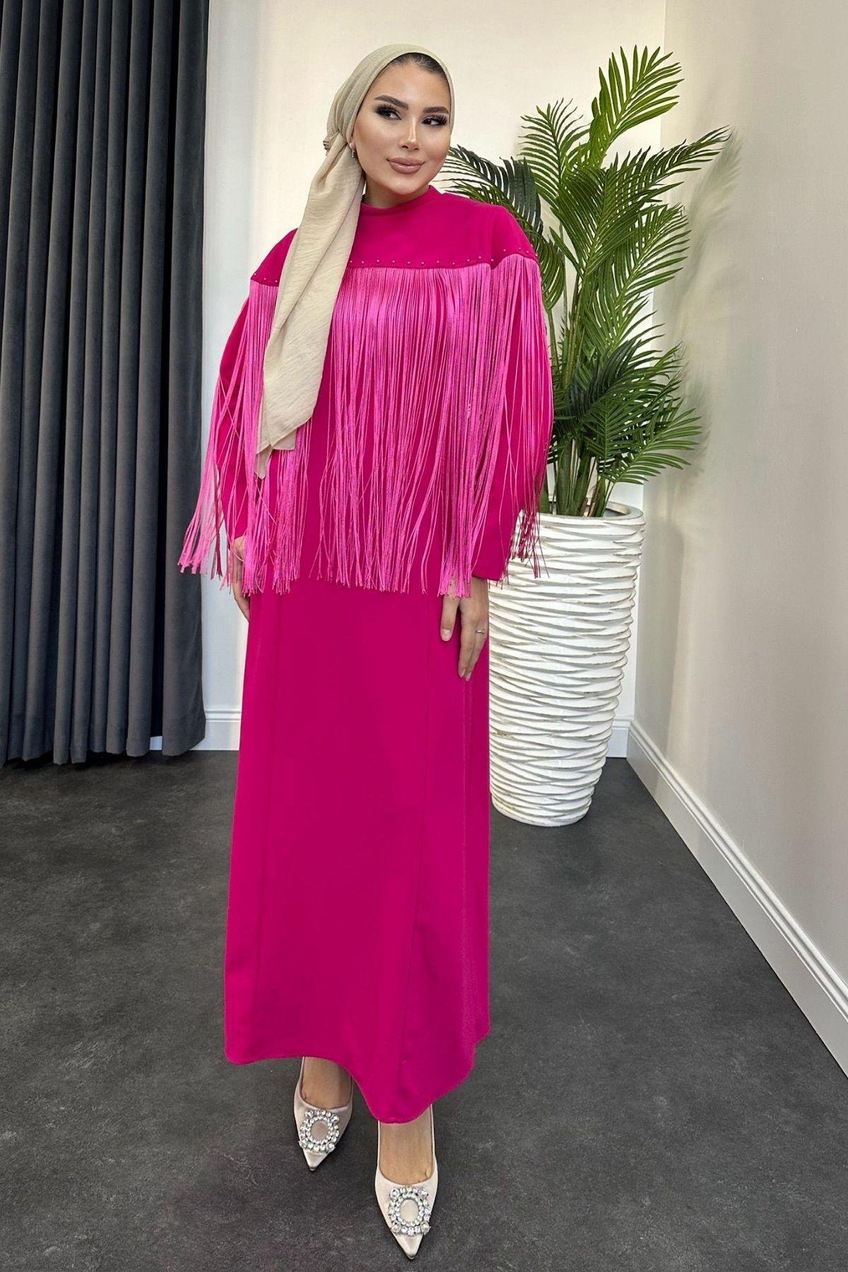 Püskül Detay Elbise Fuşya, Fiyatları 