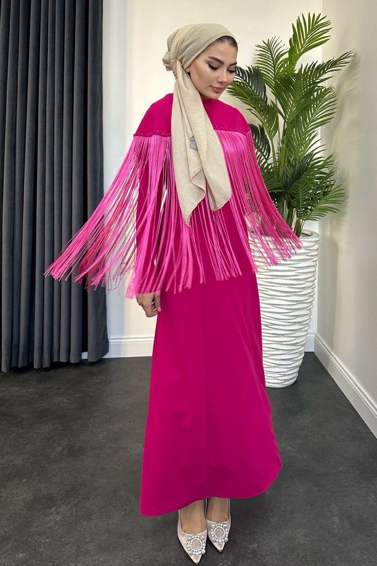 Püskül Detay Elbise Fuşya, Fiyatları 