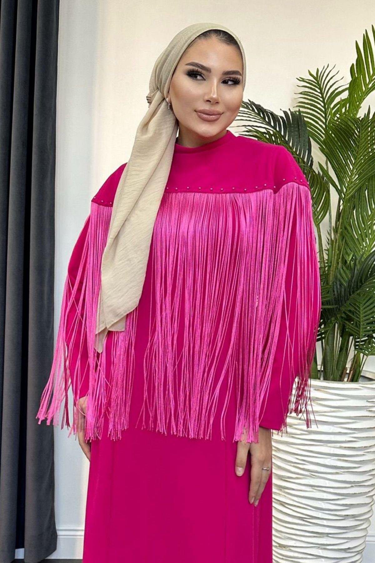 Püskül Detay Elbise Fuşya, Fiyatları 