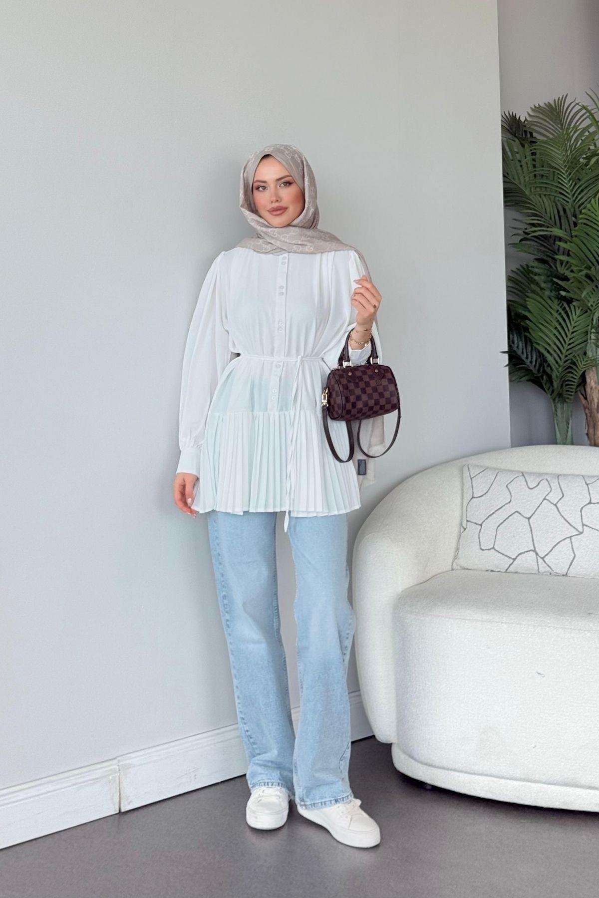 Qua Piliseli Gömlek Beyaz, Fiyatları Qua Piliseli Gömlek Beyaz- Haza Moda