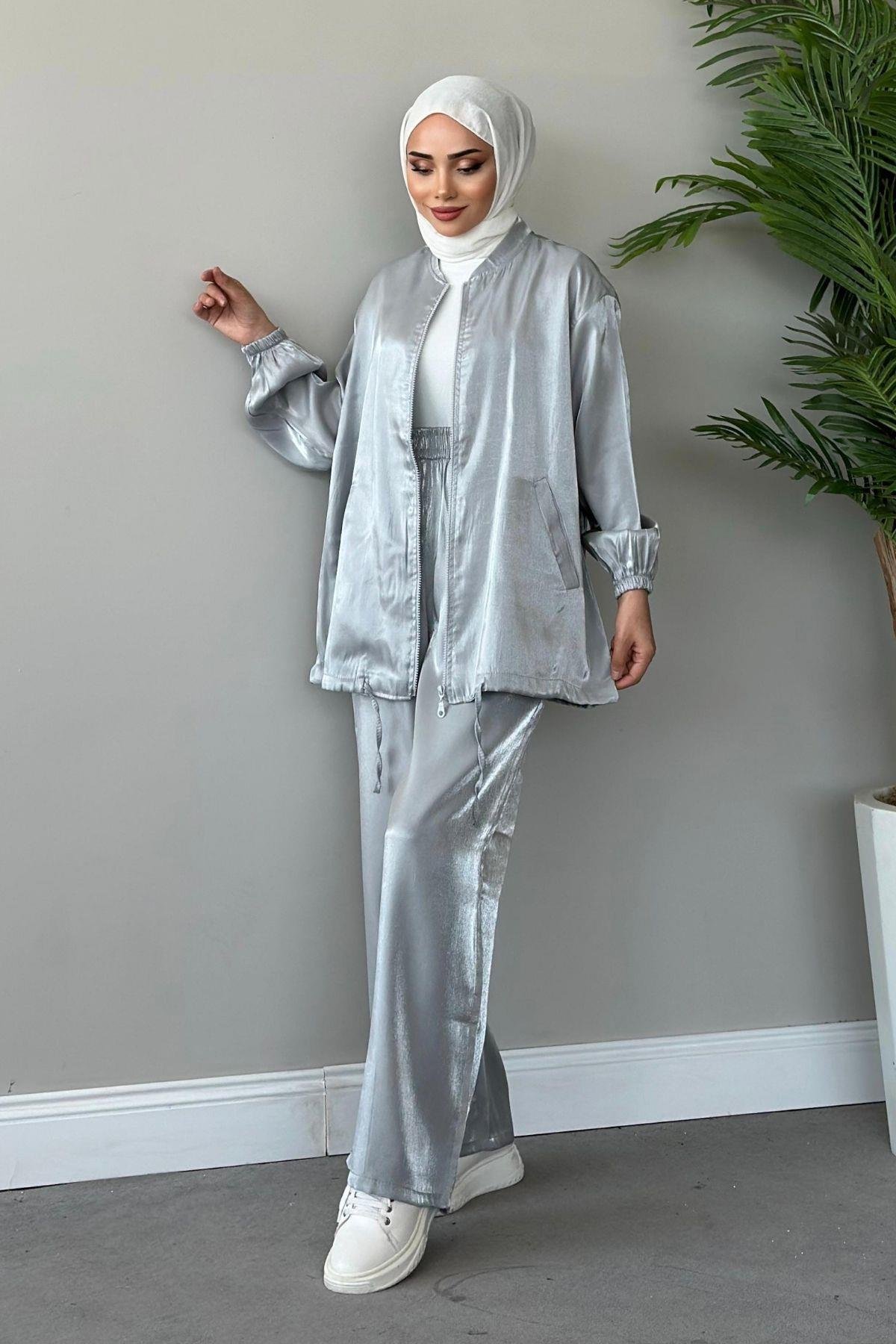 Quince Fermuarlı Takım Gri, Fiyatları Haza Moda | Tesettür Giyim | Quince Fermuarlı Takım Gri