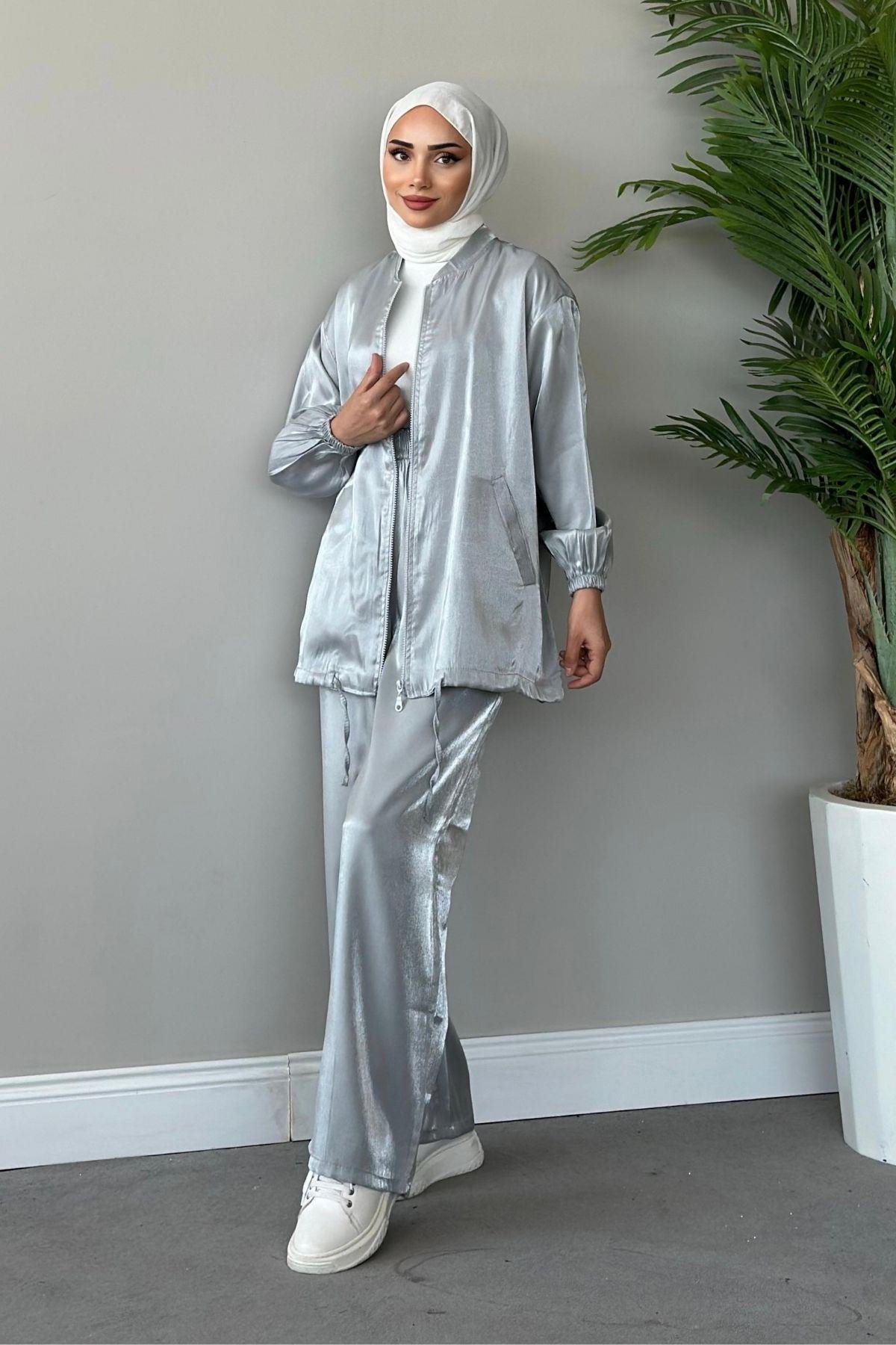 Quince Fermuarlı Takım Gri, Fiyatları Haza Moda | Tesettür Giyim | Quince Fermuarlı Takım Gri