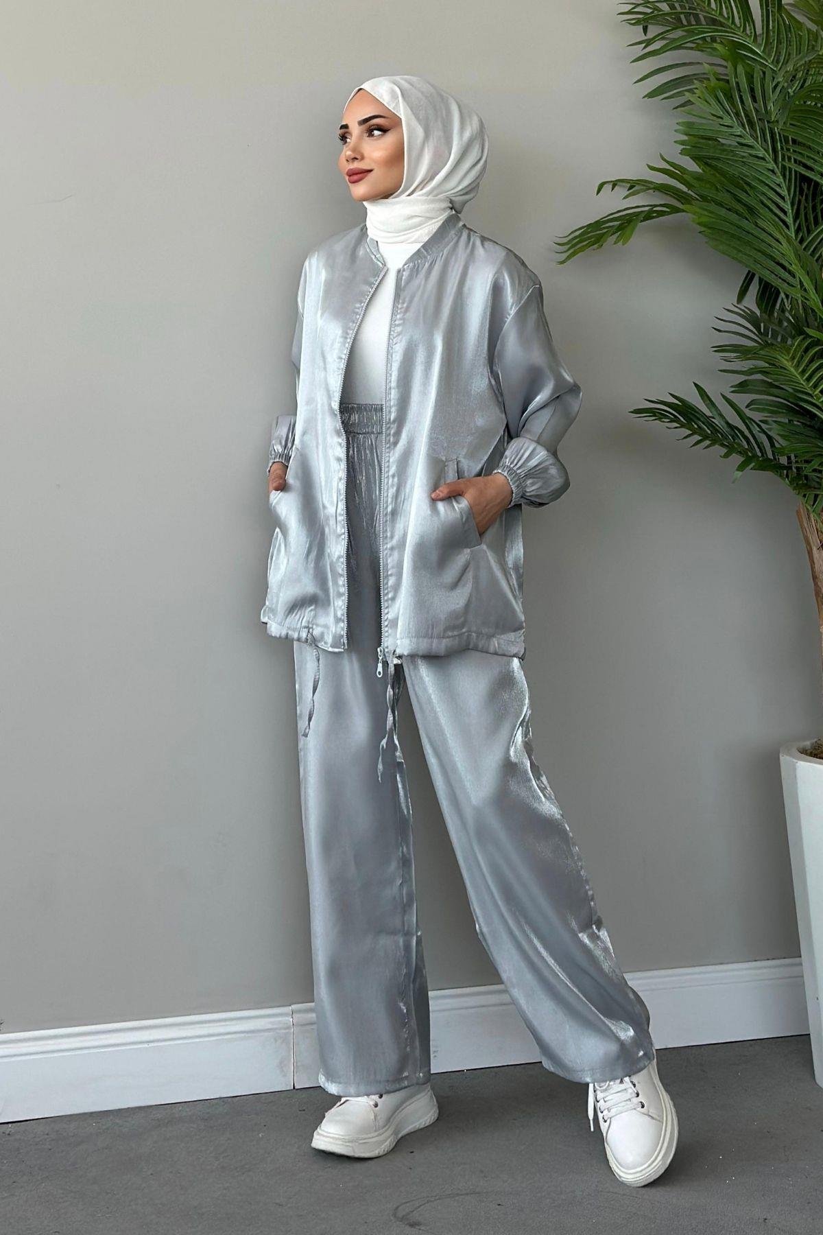 Quince Fermuarlı Takım Gri, Fiyatları Haza Moda | Tesettür Giyim | Quince Fermuarlı Takım Gri