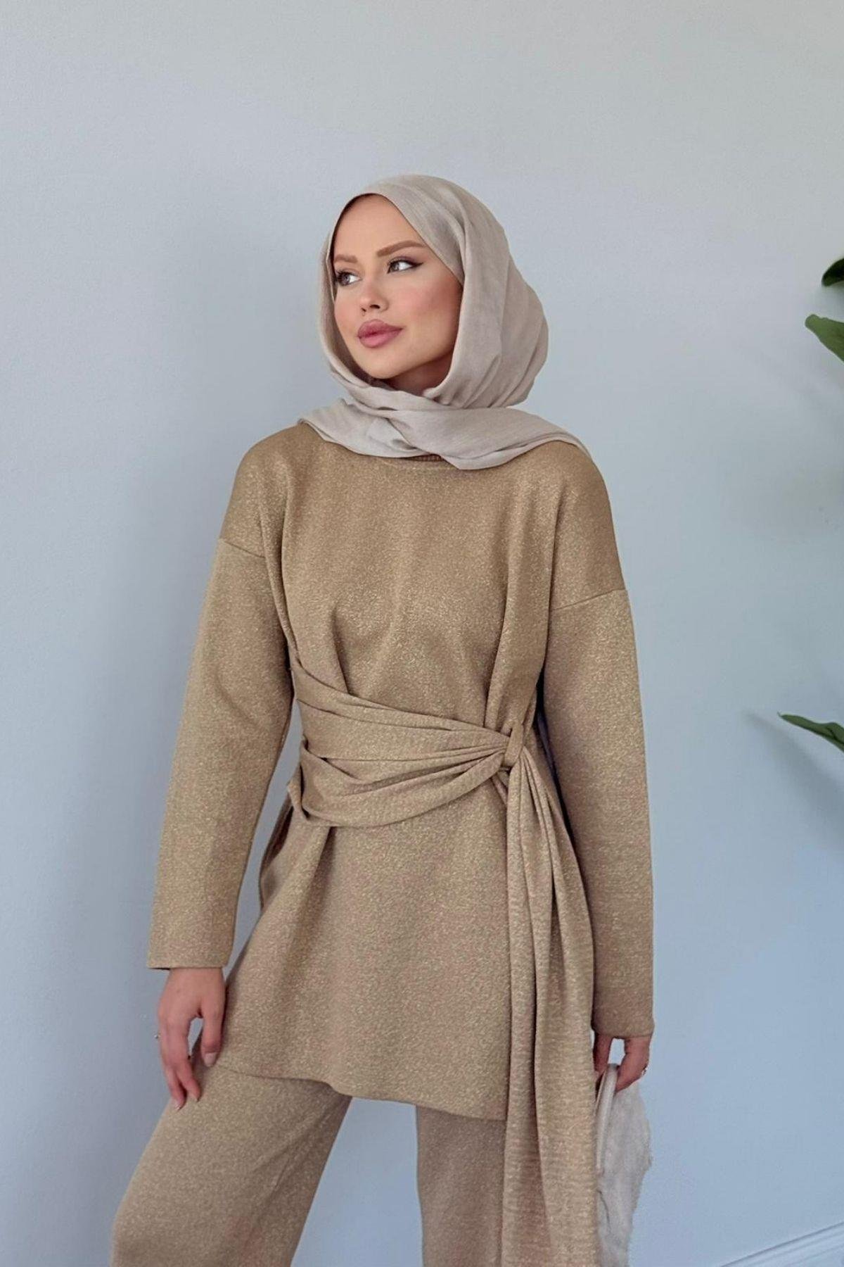 Quuen Şal Deytaylı Simli Takım Camel, Fiyatları Quuen Şal Deytaylı Simli Takım Camel- Haza Moda 