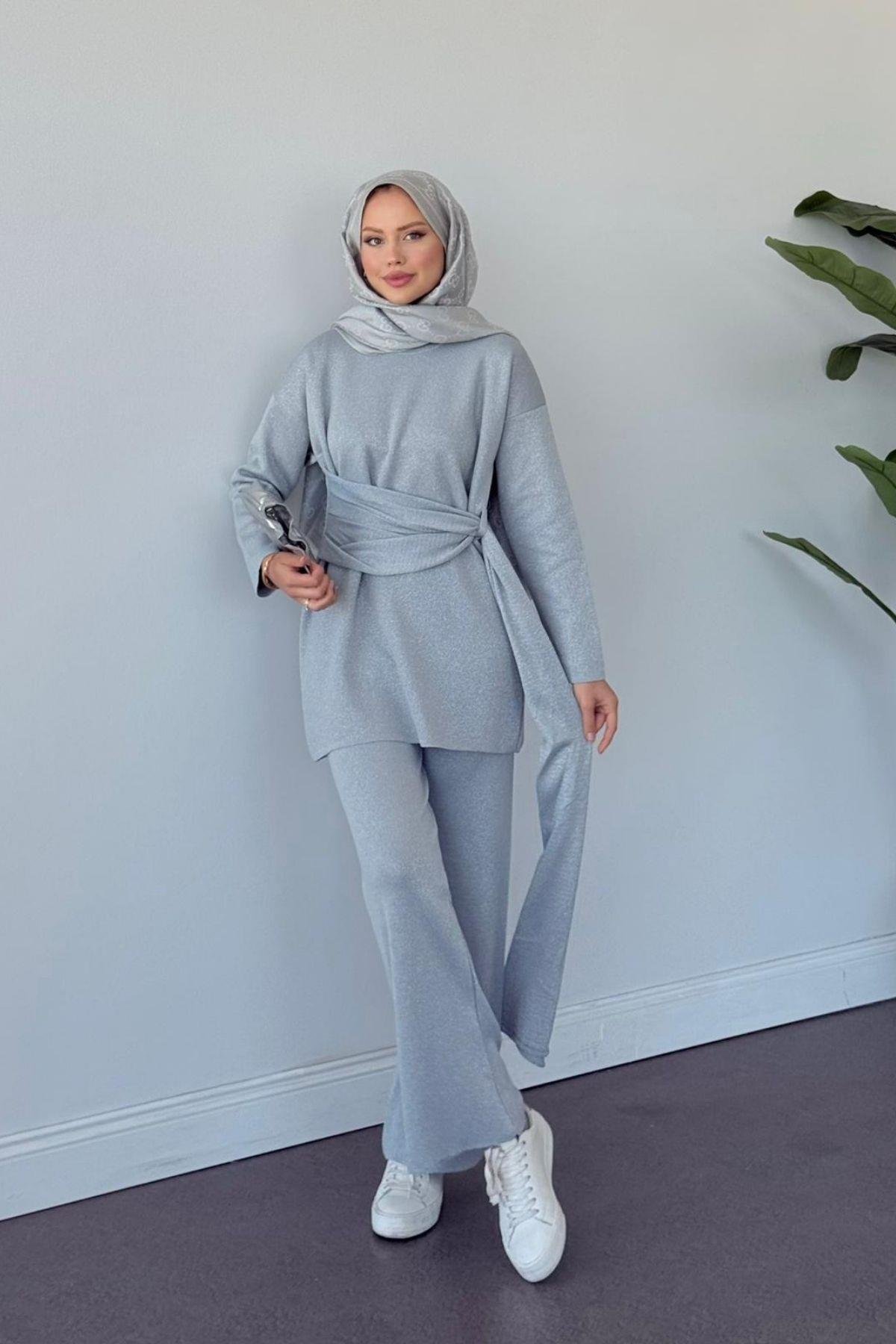 Quuen Şal Deytaylı Simli Takım Gri, Fiyatları Quuen Şal Deytaylı Simli Takım Gri- Haza Moda 