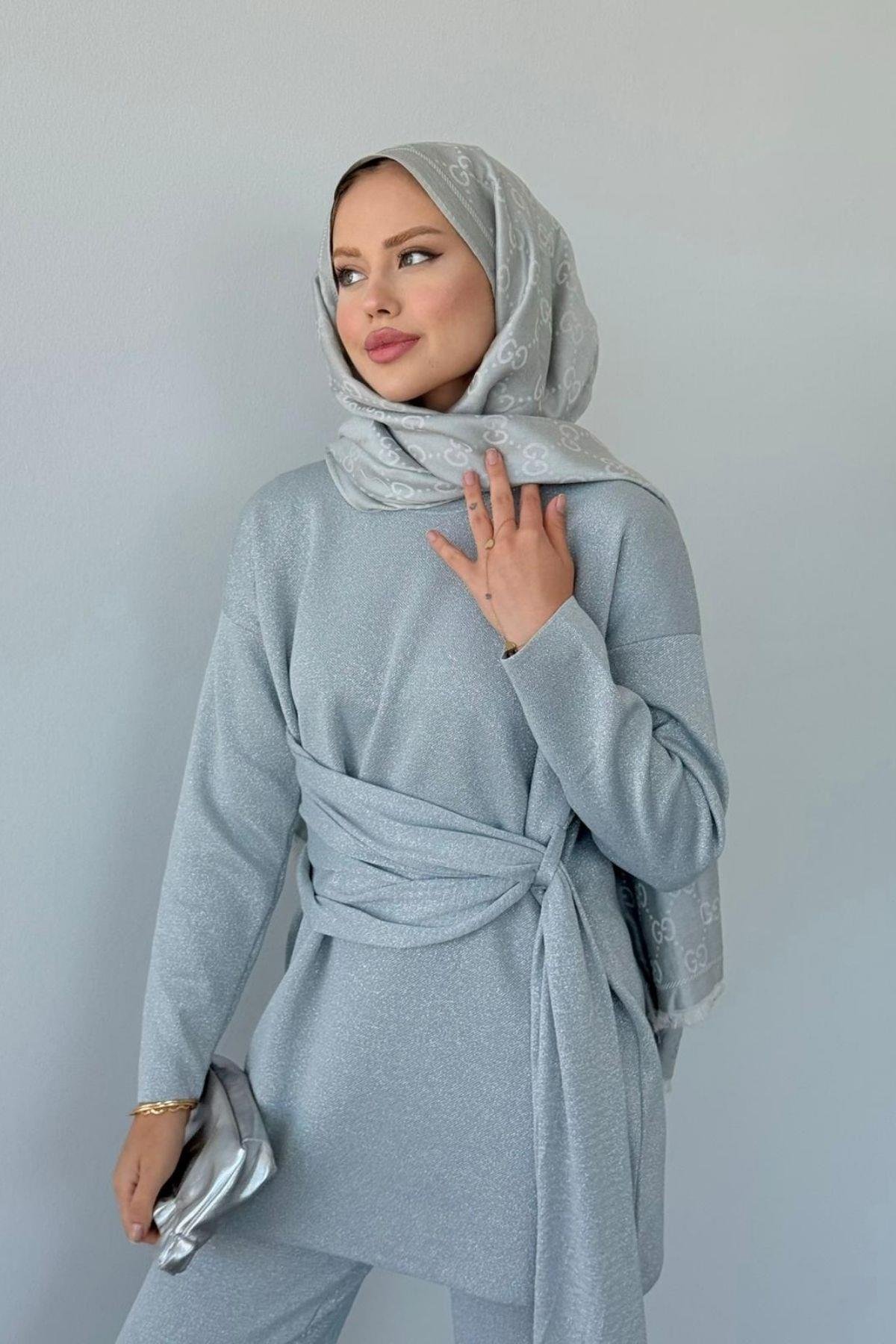 Quuen Şal Deytaylı Simli Takım Gri, Fiyatları Quuen Şal Deytaylı Simli Takım Gri- Haza Moda 