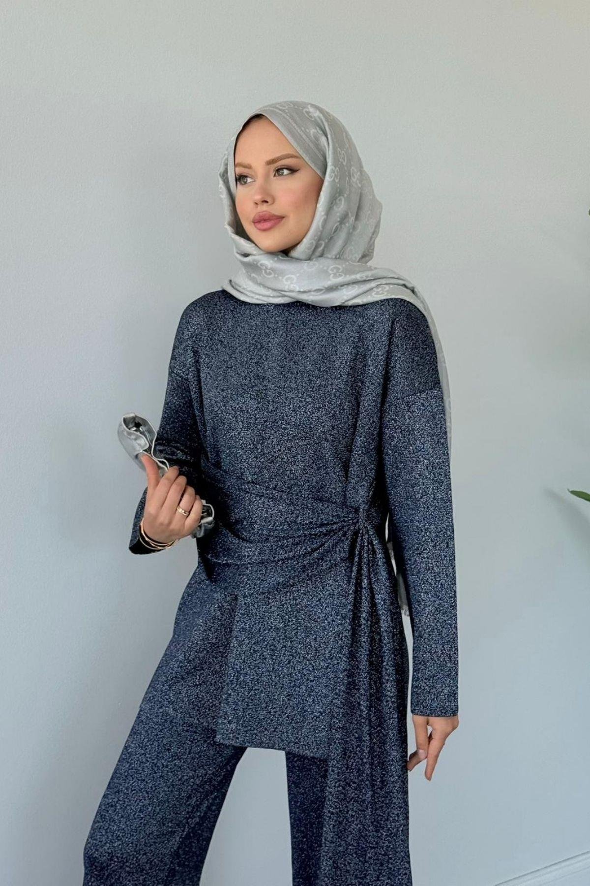 Quuen Şal Deytaylı Simli Takım Lacivert, Fiyatları Quuen Şal Deytaylı Simli Takım Lacivert- Haza Moda 