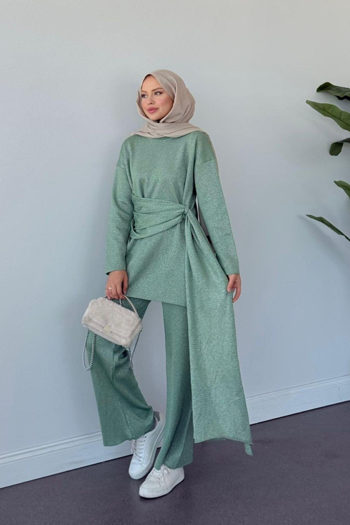 Quuen Şal Deytaylı Simli Takım Su Yeşili, Fiyatları Quuen Şal Deytaylı Simli Takım Su Yeşili- Haza Moda 
