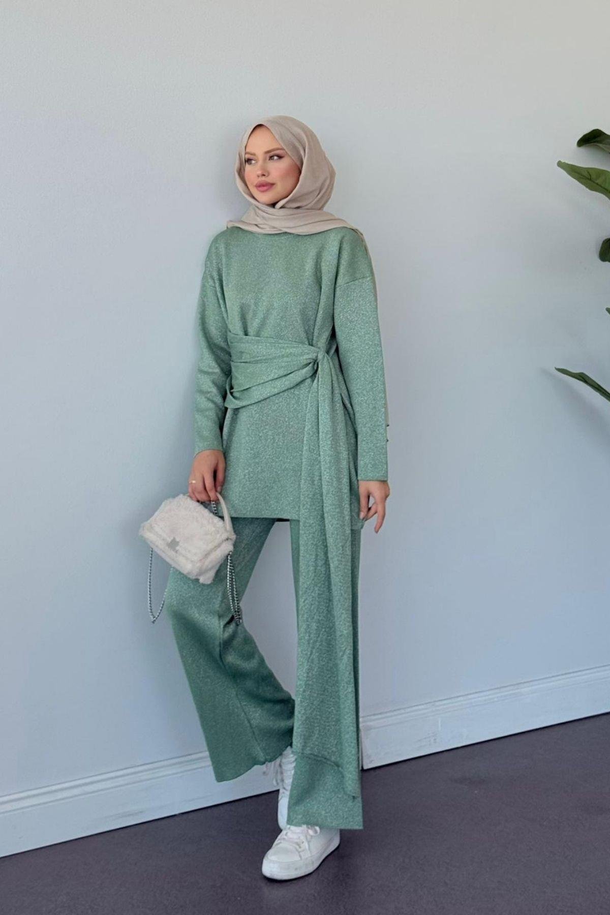 Quuen Şal Deytaylı Simli Takım Su Yeşili, Fiyatları Quuen Şal Deytaylı Simli Takım Su Yeşili- Haza Moda 