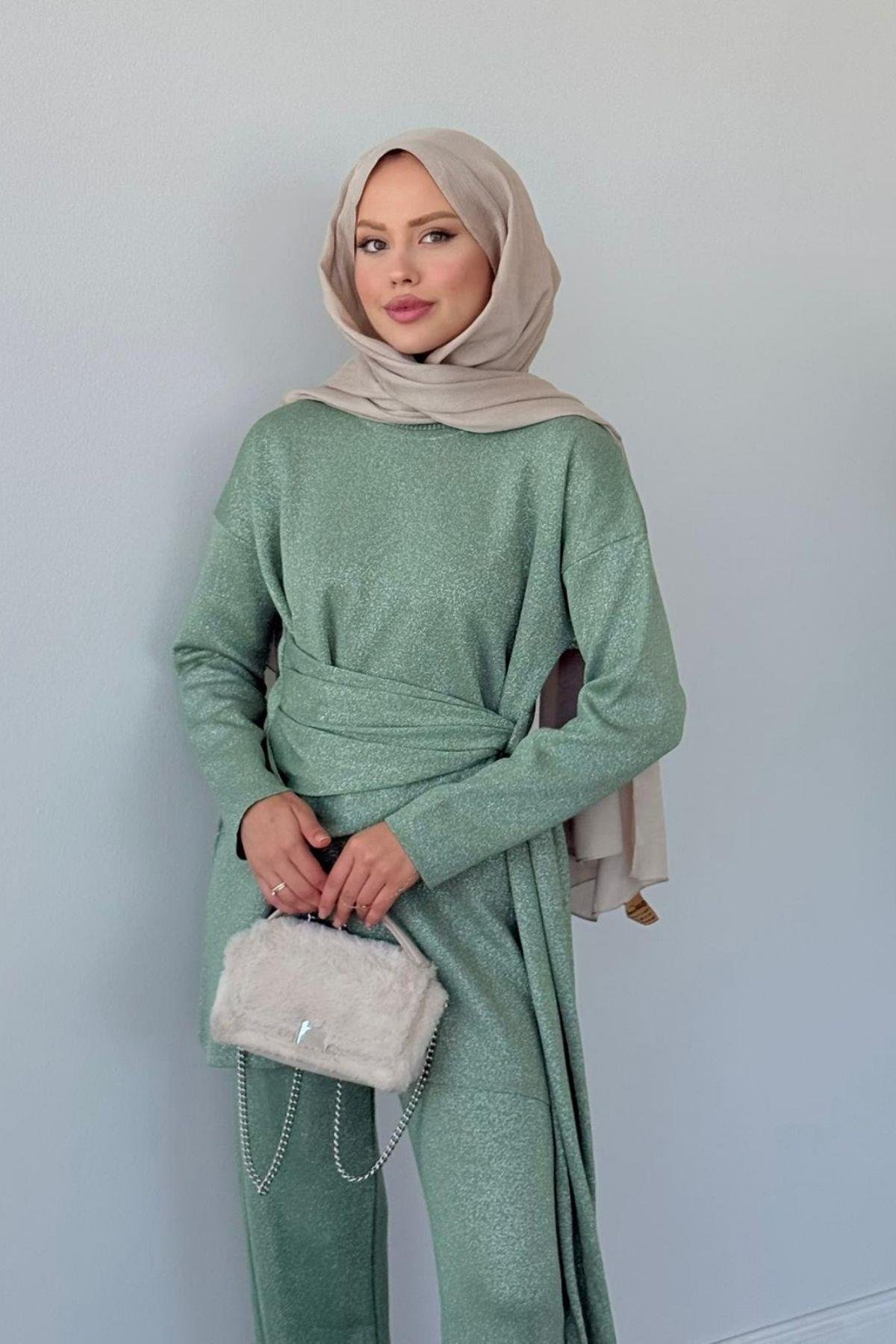 Quuen Şal Deytaylı Simli Takım Su Yeşili, Fiyatları Quuen Şal Deytaylı Simli Takım Su Yeşili- Haza Moda 