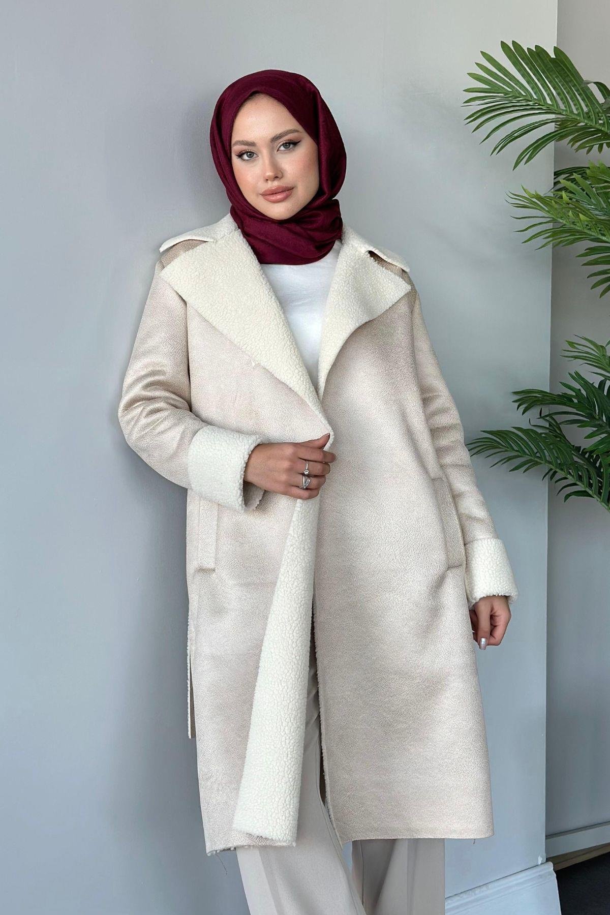 Rima Nubuk Kaban Bej, Fiyatları Haza Moda | Tesettür Giyim | Rima Nubuk Kaban Bej