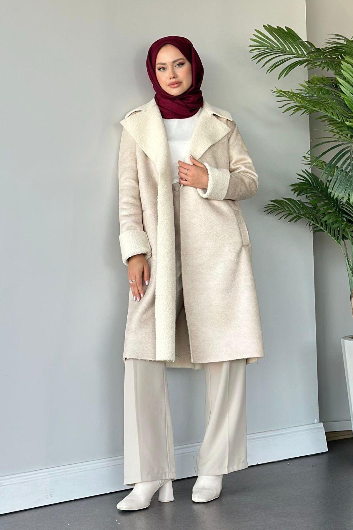 Rima Nubuk Kaban Bej, Fiyatları Haza Moda | Tesettür Giyim | Rima Nubuk Kaban Bej