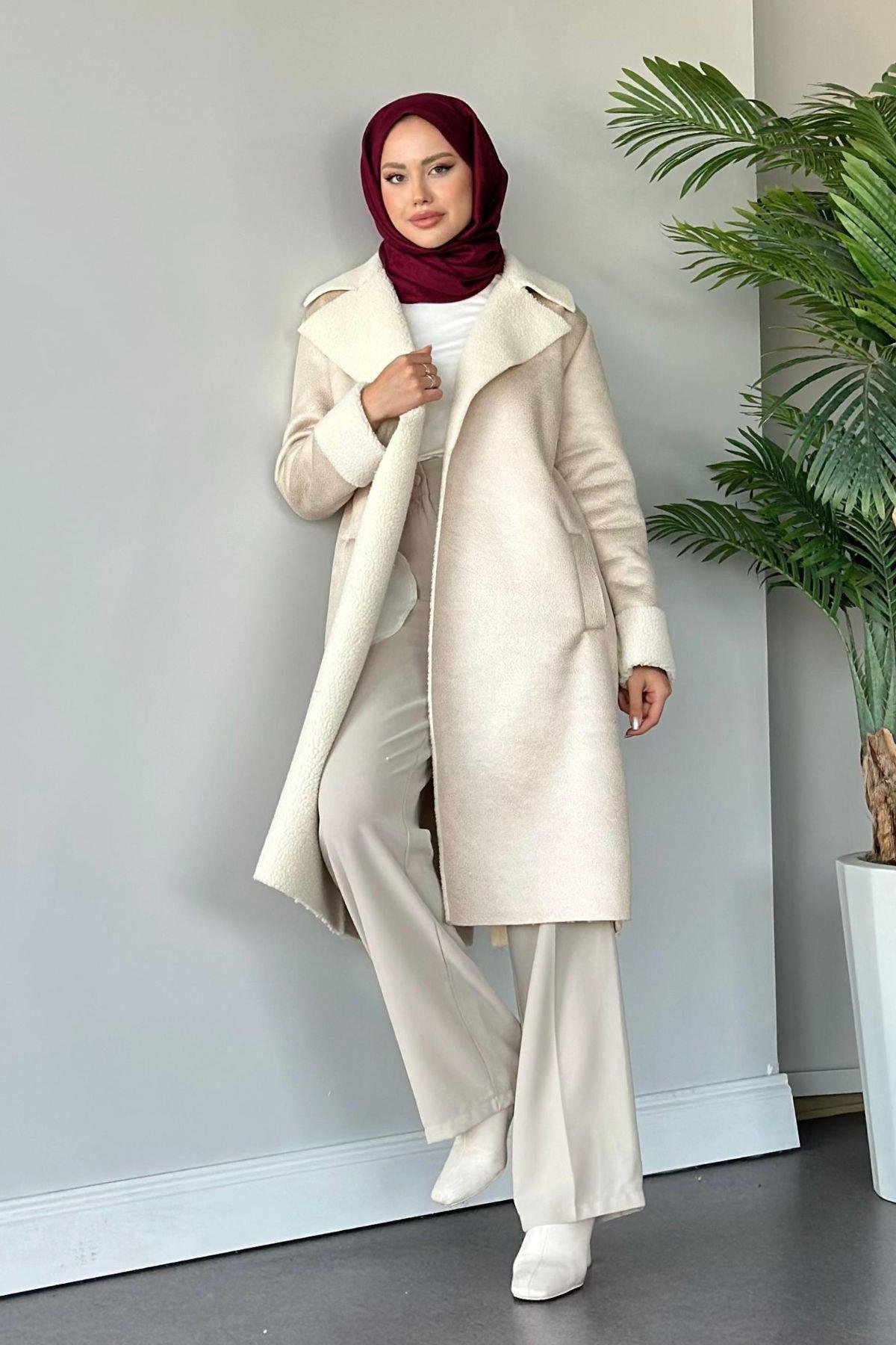 Rima Nubuk Kaban Bej, Fiyatları Haza Moda | Tesettür Giyim | Rima Nubuk Kaban Bej