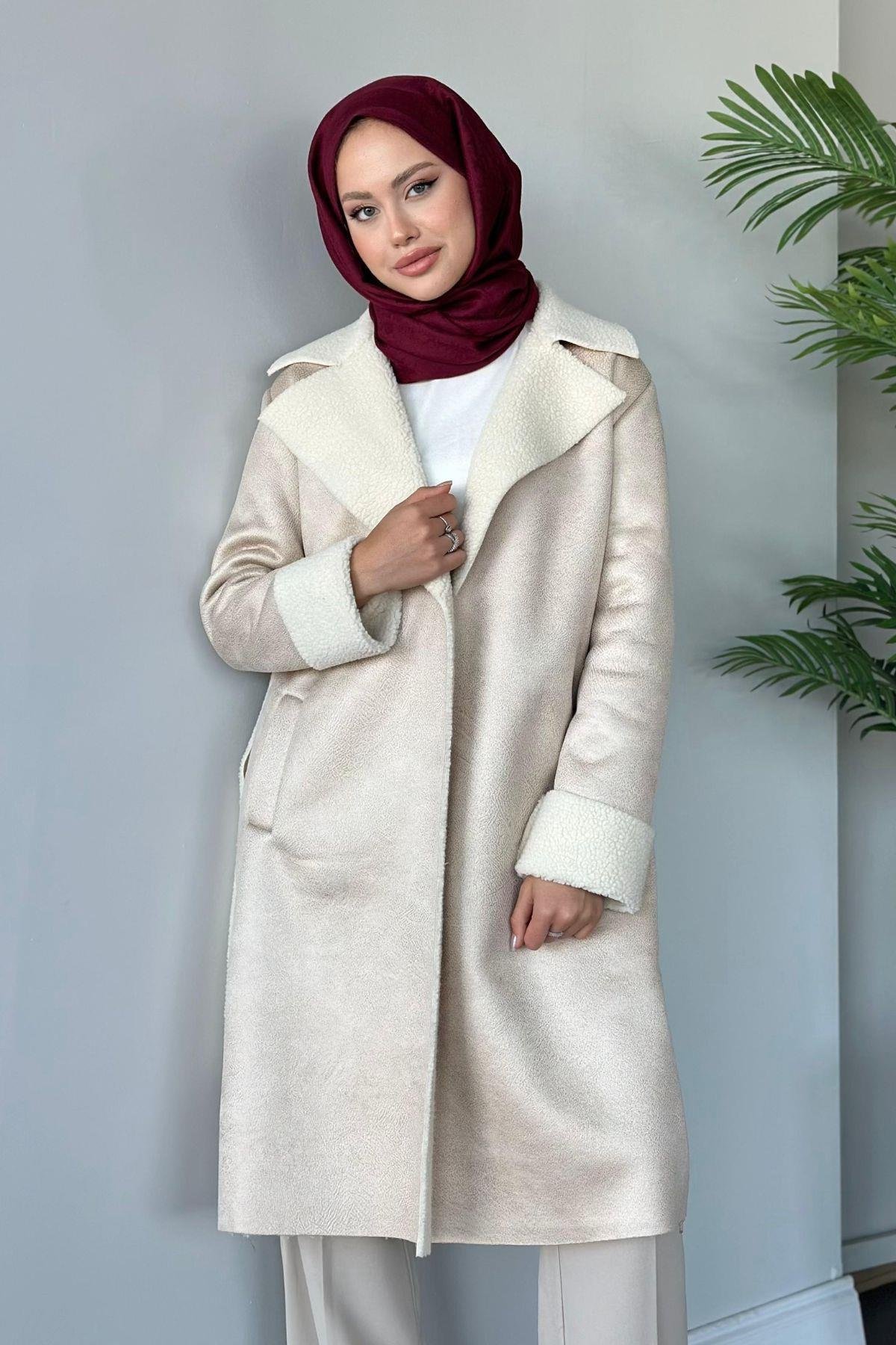 Rima Nubuk Kaban Bej, Fiyatları Haza Moda | Tesettür Giyim | Rima Nubuk Kaban Bej