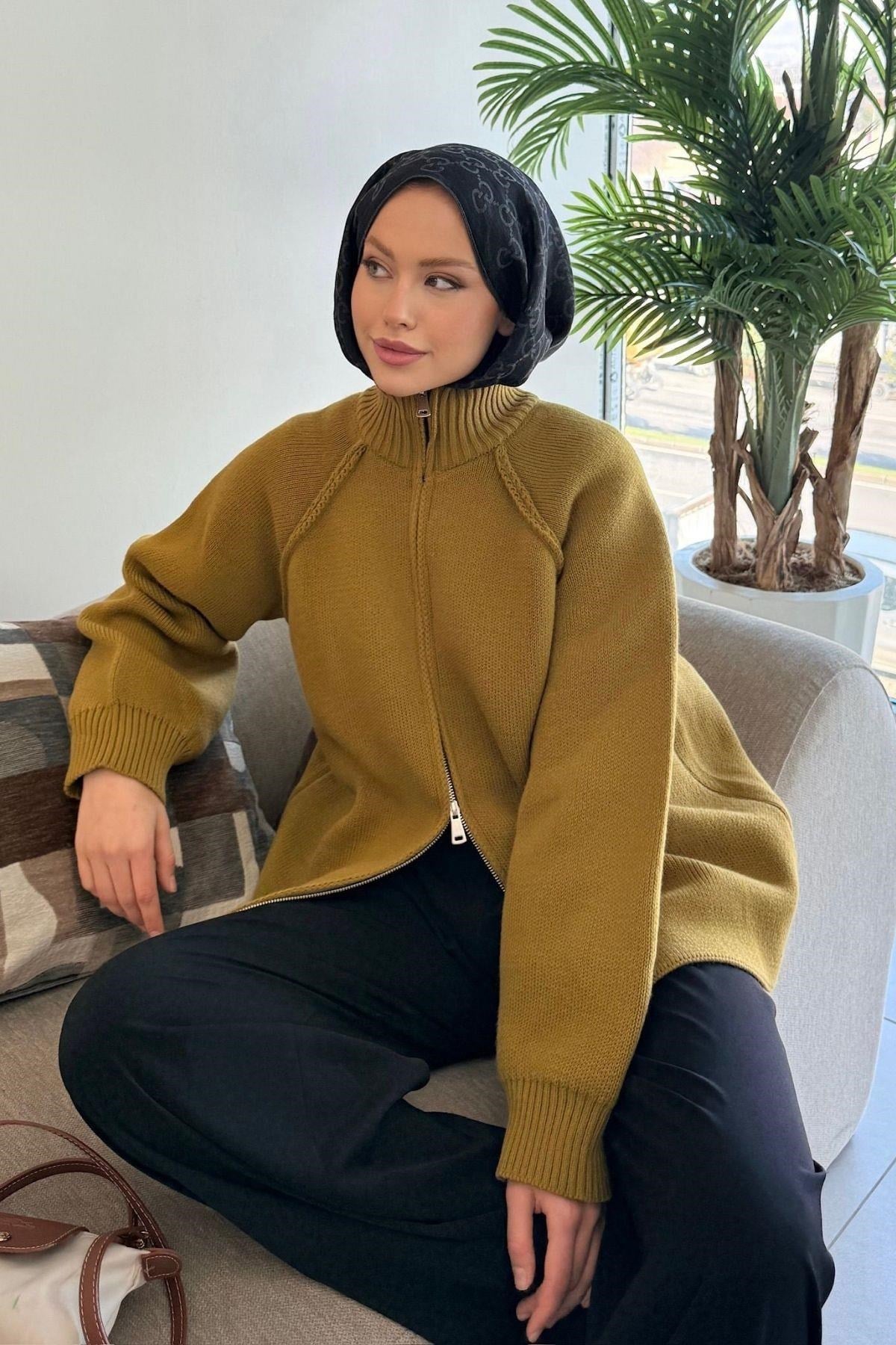 Roma Fermuarlı Hırka Hardal, Fiyatları Roma Fermuarlı Hırka Hardal| Haza Moda