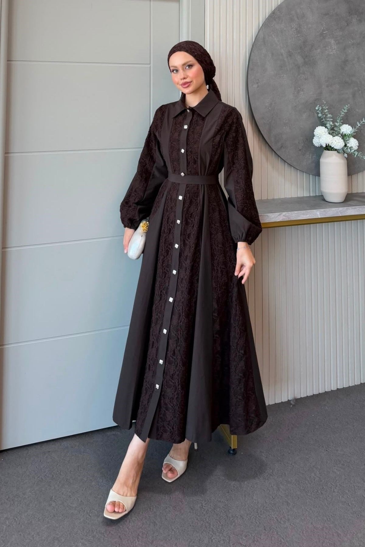 Romantik Dantel Detaylı Elbise Kahve, Fiyatları Romantik Dantel Detaylı Elbise Kahve| Haza Moda