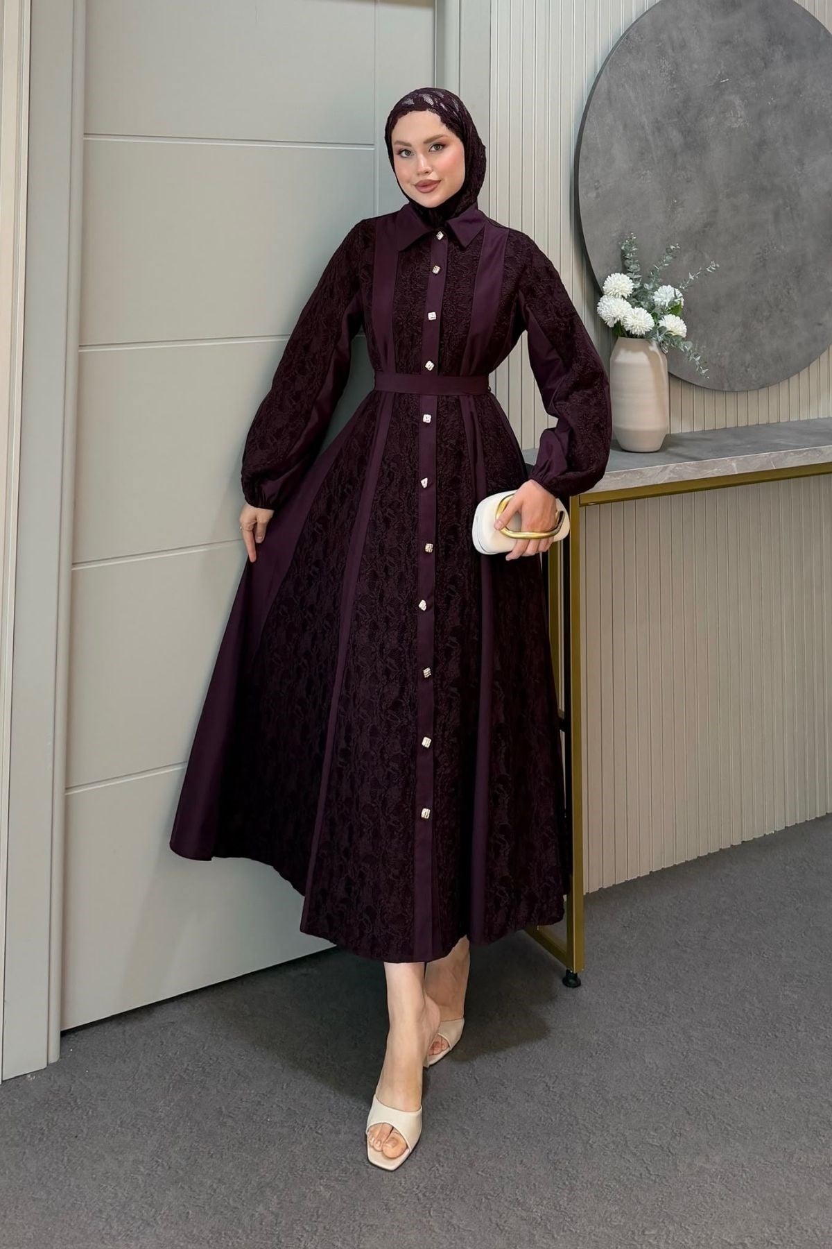 Romantik Dantel Detaylı Elbise Mürdüm, Fiyatları 