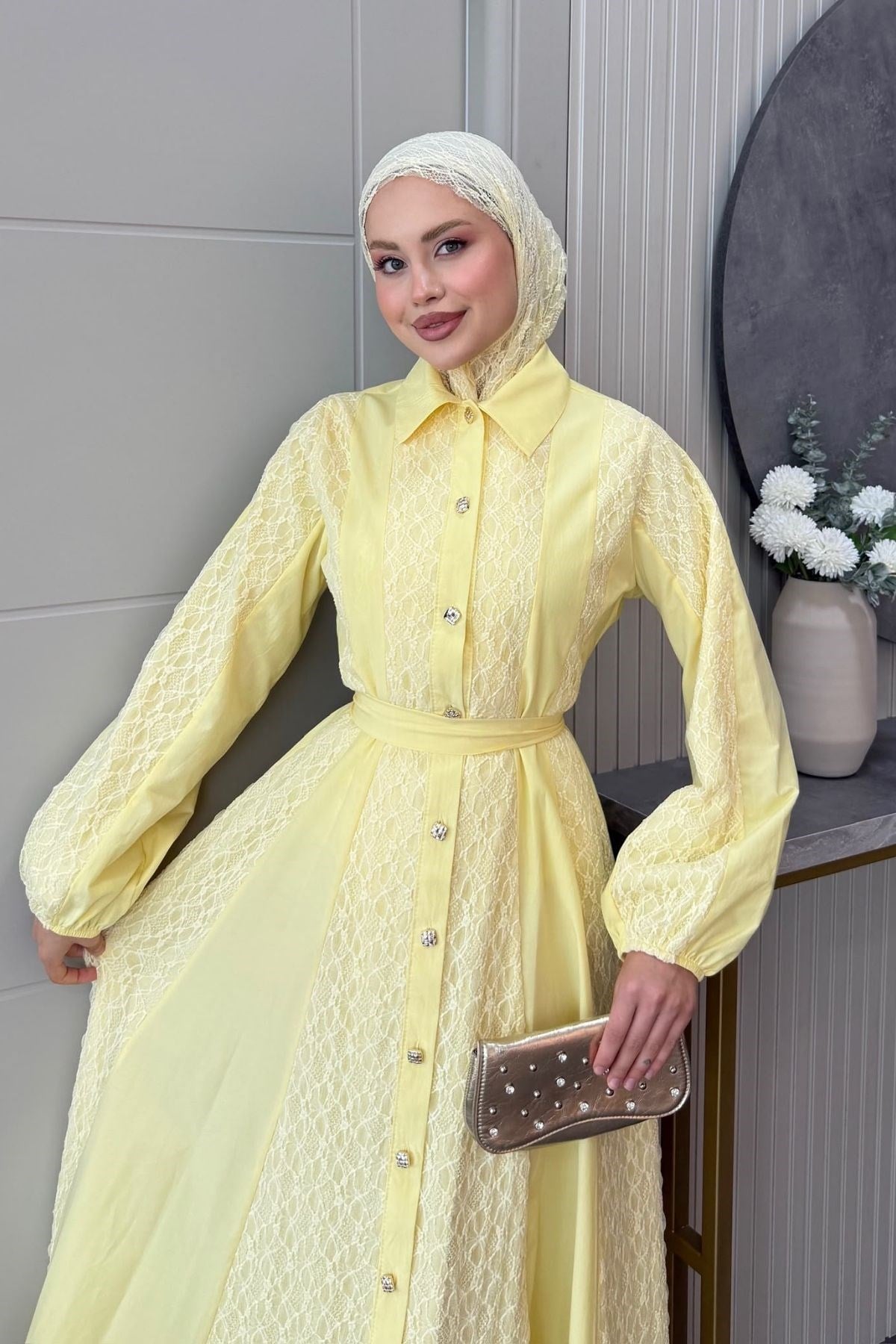 Romantik Dantel Detaylı Elbise Sarı, Fiyatları 