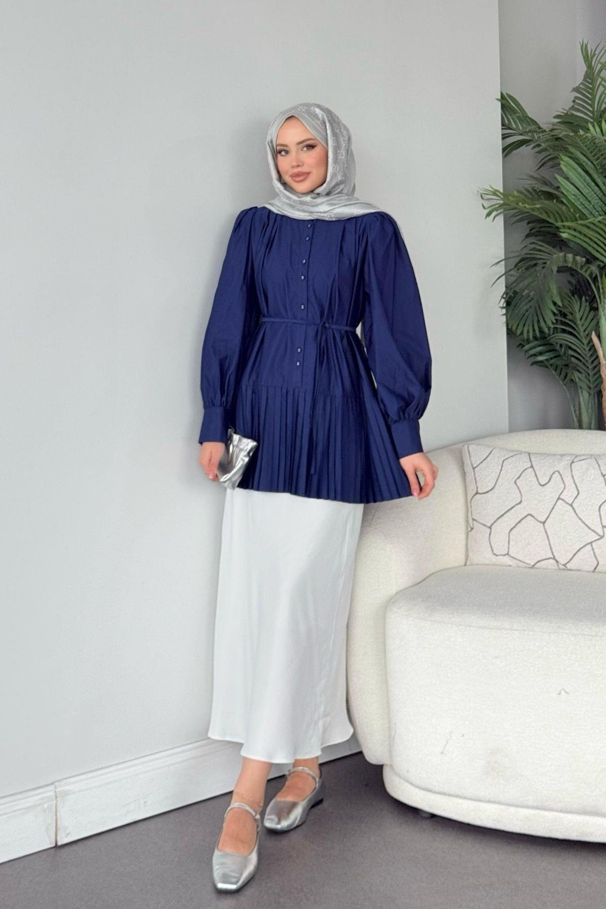 Ronya Piliseli Gömlek - Lacivert, Fiyatları Ronya Piliseli Gömlek - Lacivert- Haza Moda 