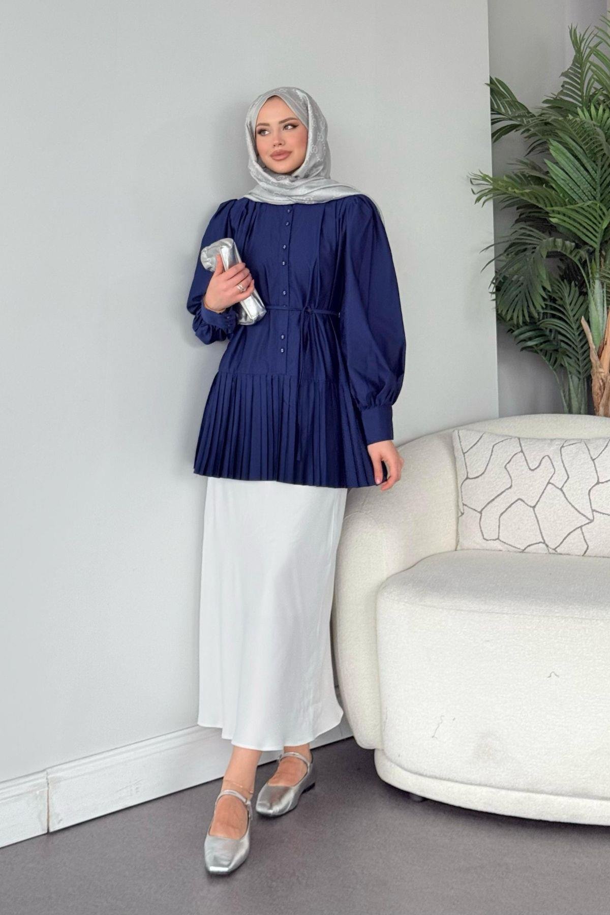 Ronya Piliseli Gömlek - Lacivert, Fiyatları Ronya Piliseli Gömlek - Lacivert- Haza Moda 