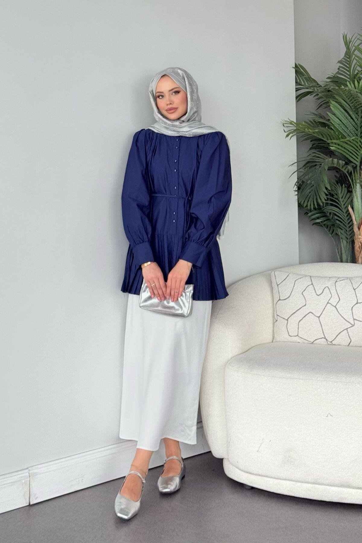 Ronya Piliseli Gömlek - Lacivert, Fiyatları Ronya Piliseli Gömlek - Lacivert- Haza Moda 