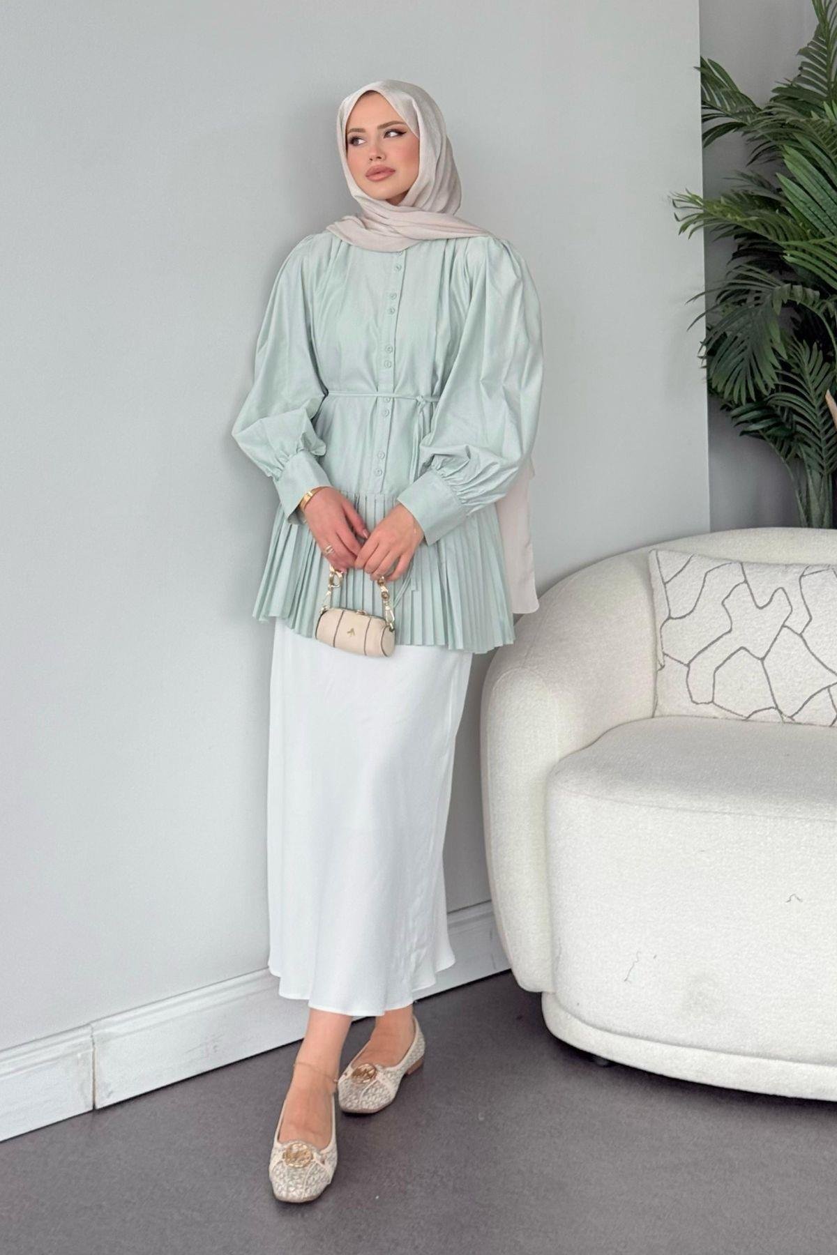 Ronya Piliseli Gömlek - Mint, Fiyatları Ronya Piliseli Gömlek - Mint- Haza Moda 