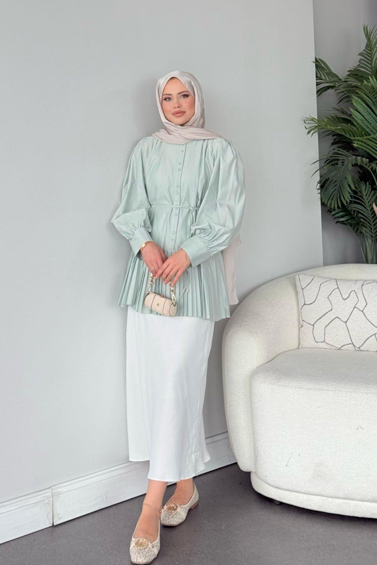 Ronya Piliseli Gömlek - Mint, Fiyatları Ronya Piliseli Gömlek - Mint- Haza Moda 