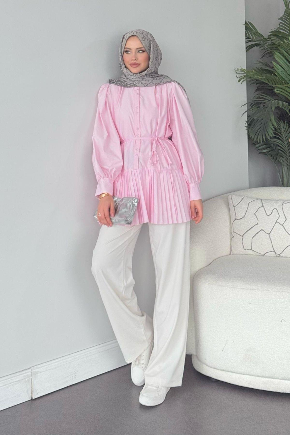 Ronya Piliseli Gömlek - Pembe, Fiyatları Ronya Piliseli Gömlek - Pembe - Haza Moda 