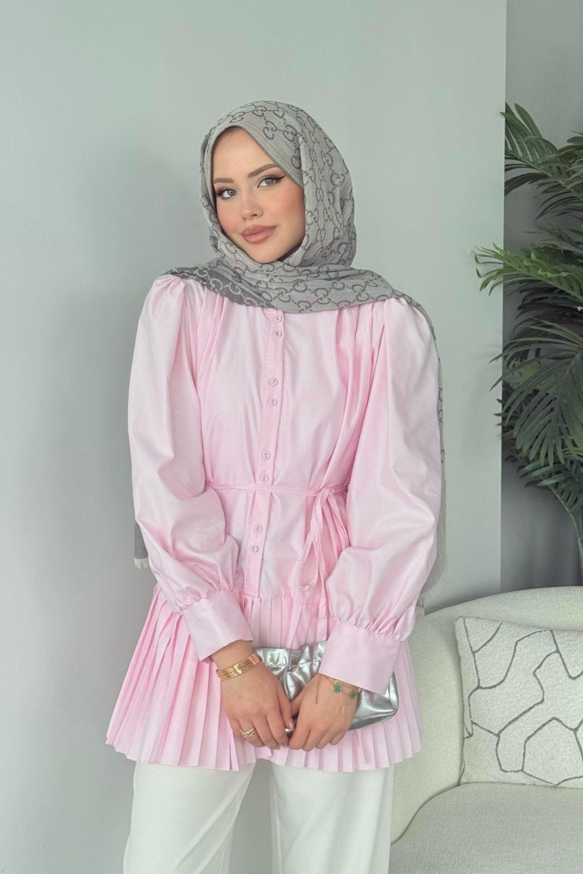 Ronya Piliseli Gömlek - Pembe, Fiyatları Ronya Piliseli Gömlek - Pembe - Haza Moda 