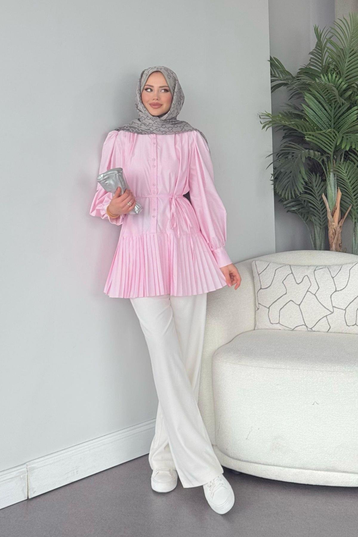 Ronya Piliseli Gömlek - Pembe, Fiyatları Ronya Piliseli Gömlek - Pembe - Haza Moda 