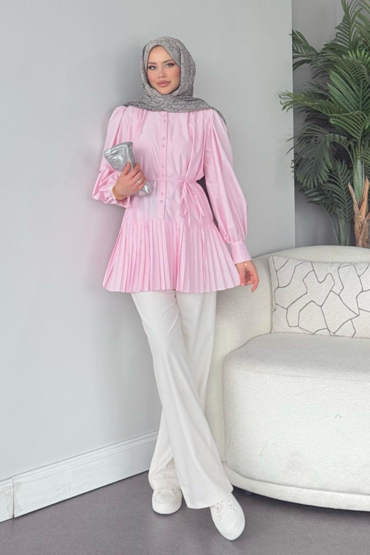 Ronya Piliseli Gömlek - Pembe, Fiyatları Ronya Piliseli Gömlek - Pembe - Haza Moda 