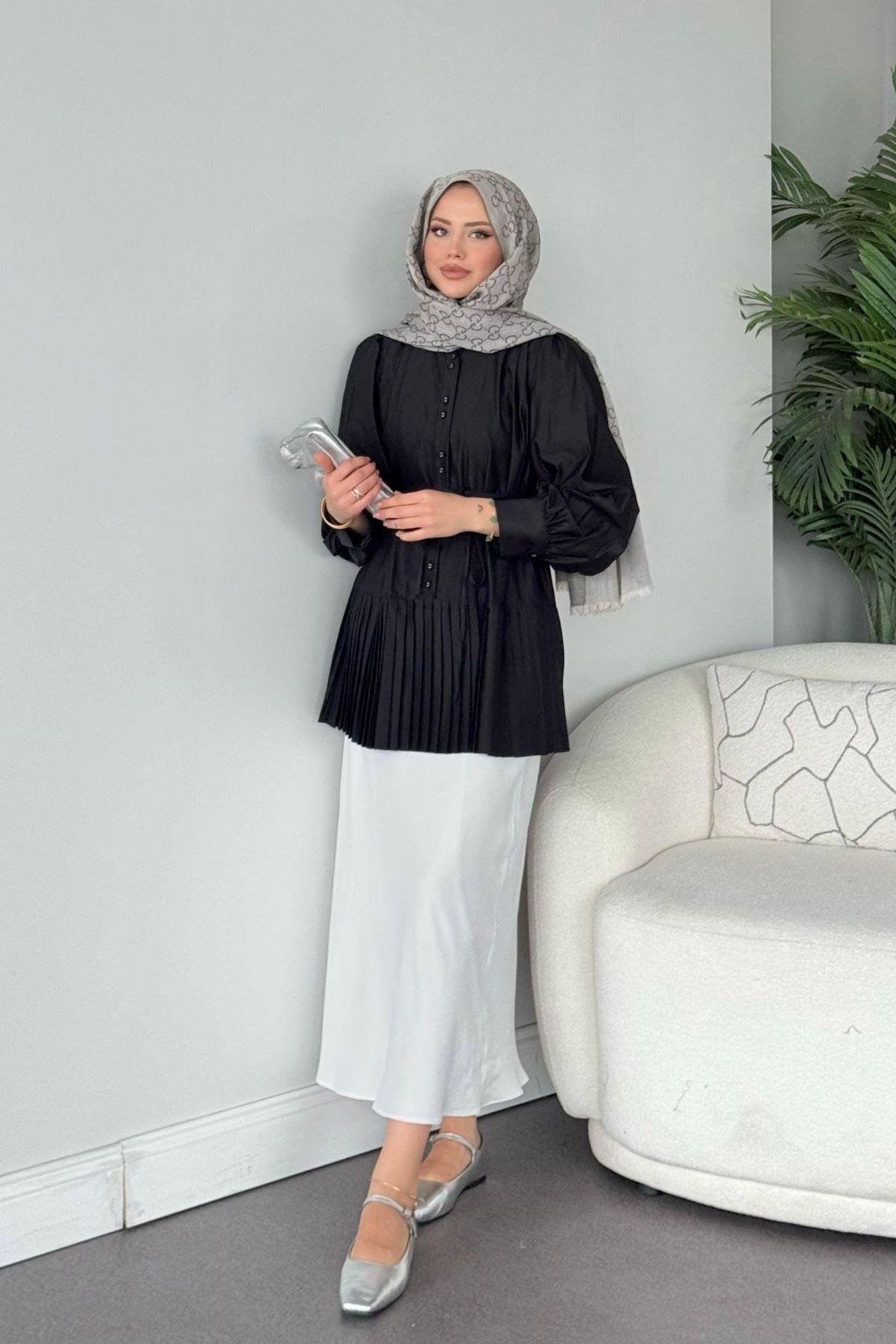 Ronya Piliseli Gömlek - Siyah, Fiyatları Ronya Piliseli Gömlek - Siyah - Haza Moda 