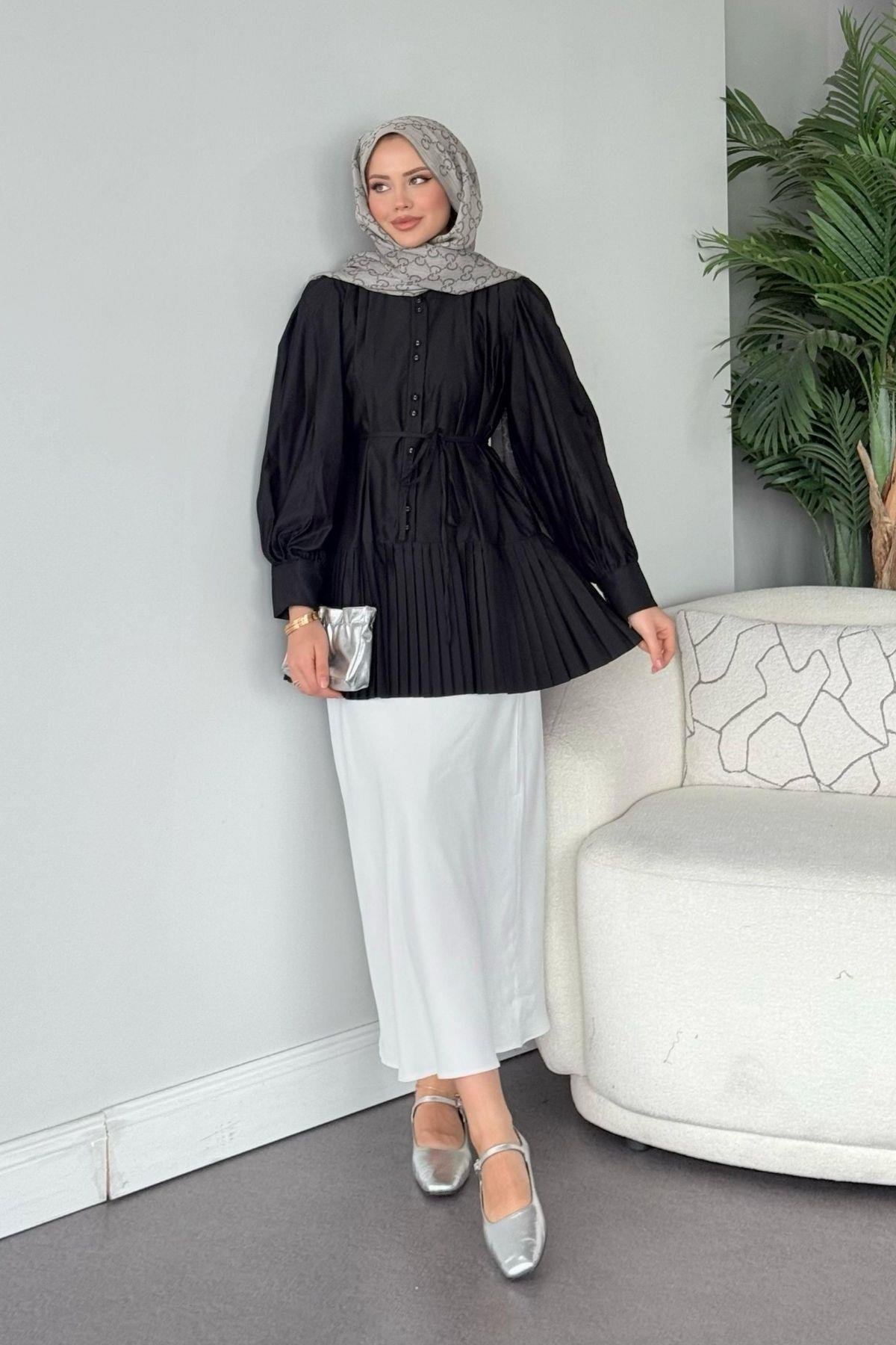 Ronya Piliseli Gömlek - Siyah, Fiyatları Ronya Piliseli Gömlek - Siyah - Haza Moda 