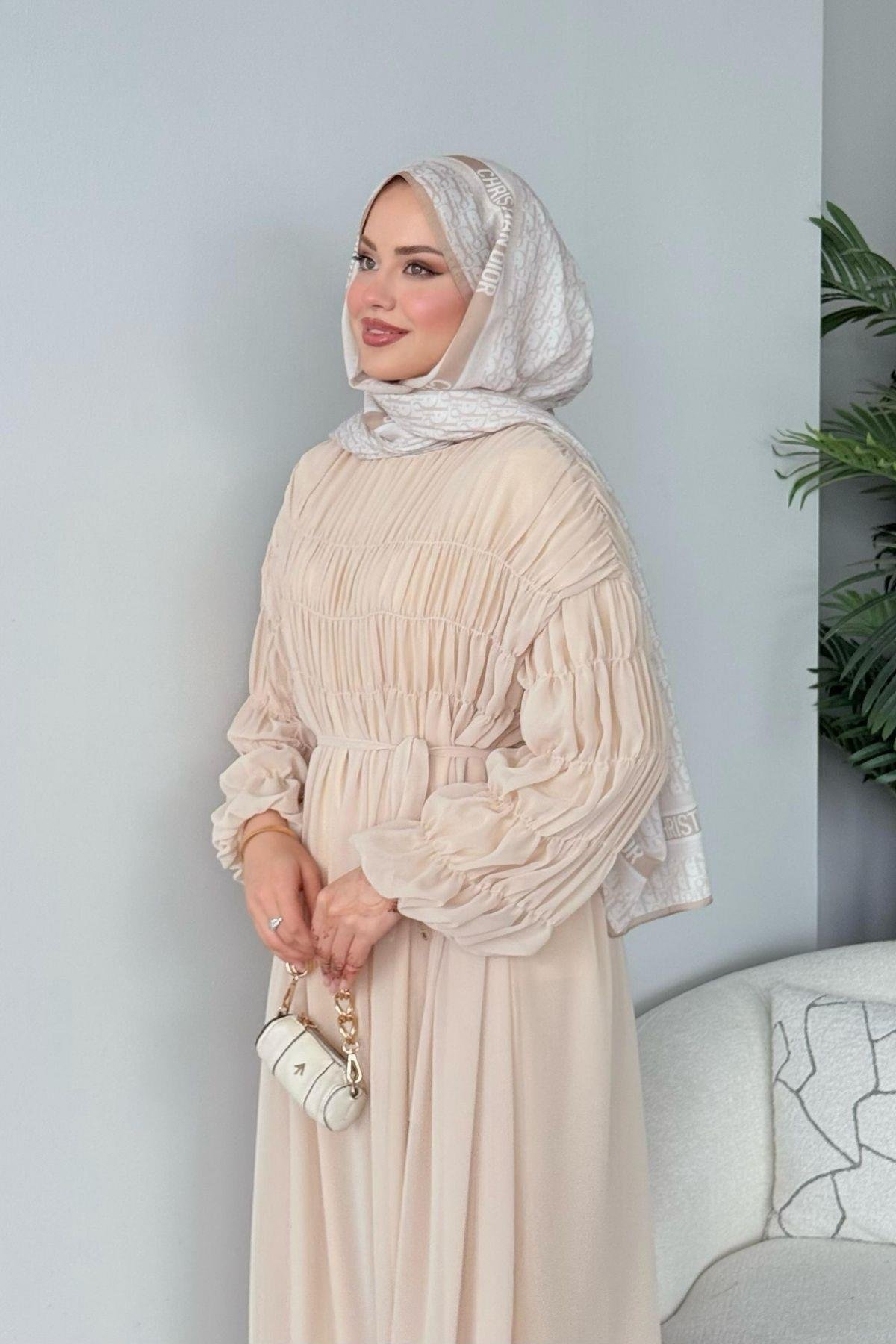 Royal Büzgülü Elbise Bej , Fiyatları Royal Büzgülü Elbise Bej 