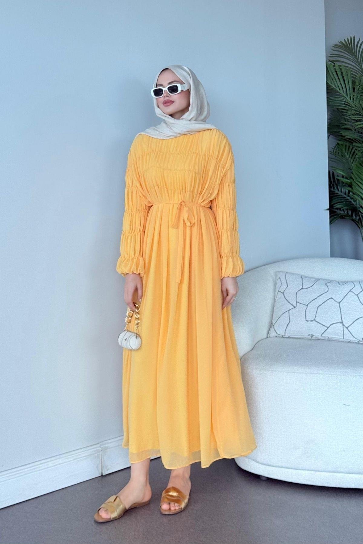 Royal Büzgülü Elbise Sarı, Fiyatları Royal Büzgülü Elbise Sarı - Haza Moda