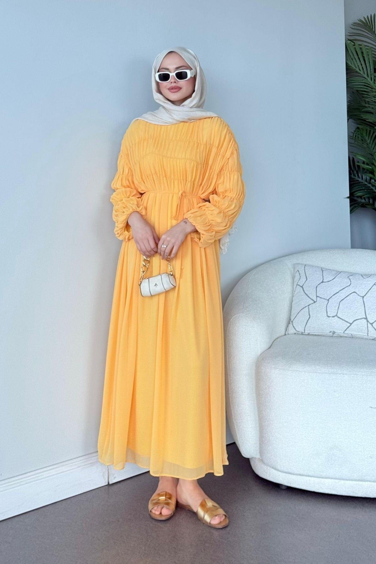Royal Büzgülü Elbise Sarı, Fiyatları Royal Büzgülü Elbise Sarı - Haza Moda