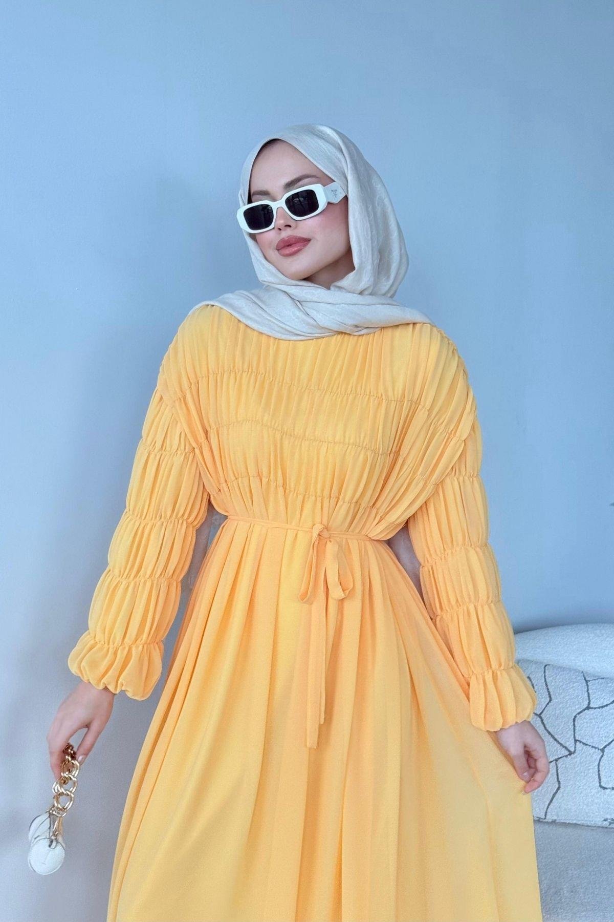 Royal Büzgülü Elbise Sarı, Fiyatları Royal Büzgülü Elbise Sarı - Haza Moda