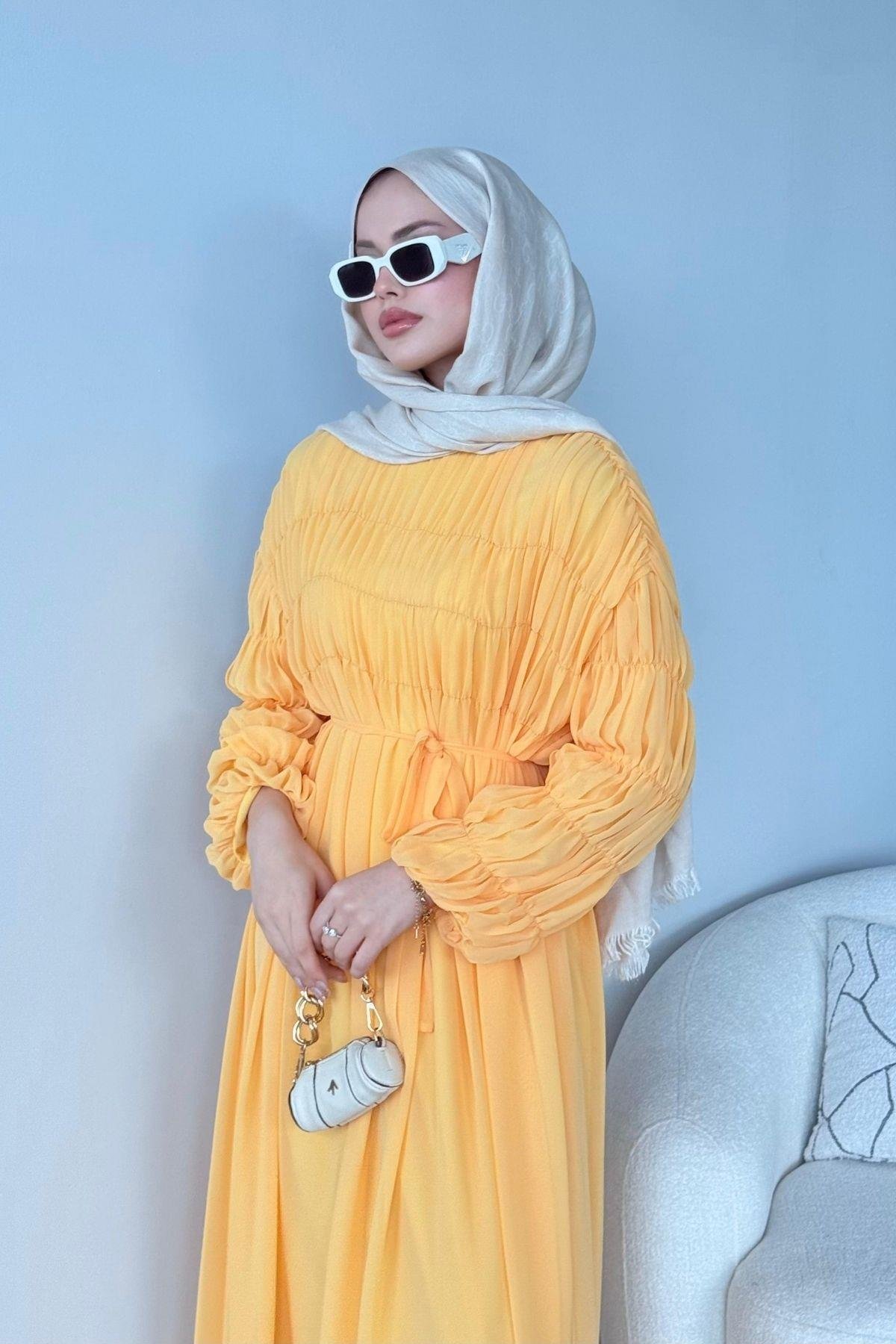 Royal Büzgülü Elbise Sarı, Fiyatları Royal Büzgülü Elbise Sarı - Haza Moda