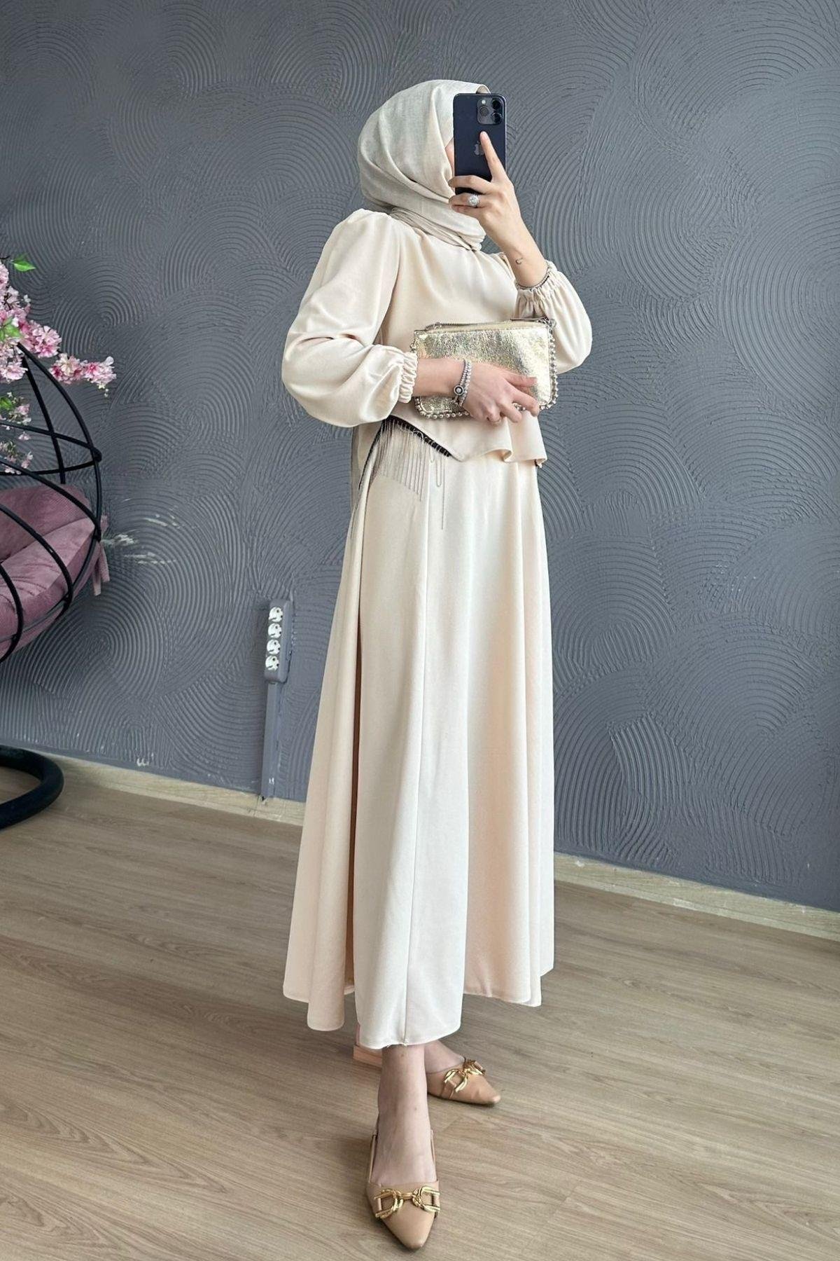 Roza Etekli Takım Bej, Fiyatları Roza Etekli Takım Bej – Haza Moda | Tesettür Giyim