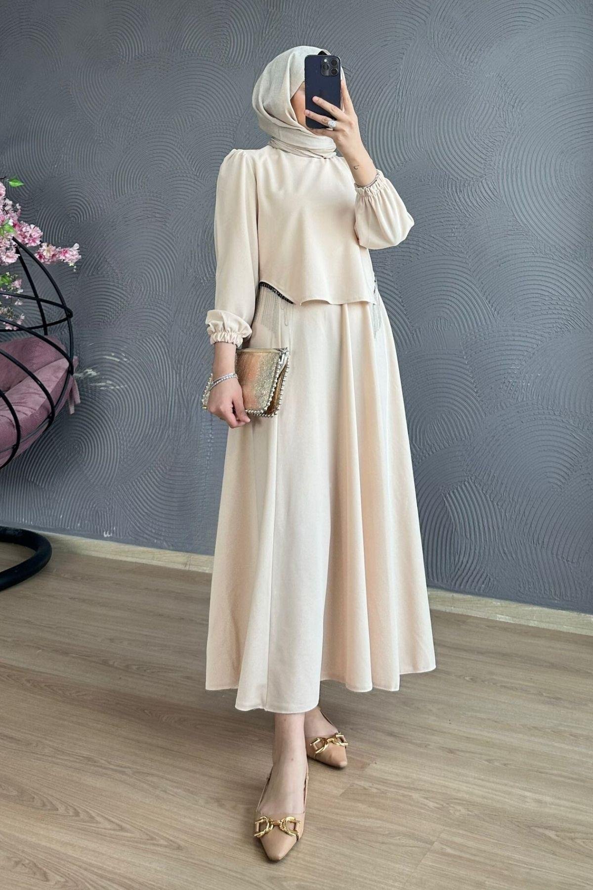 Roza Etekli Takım Bej, Fiyatları Roza Etekli Takım Bej – Haza Moda | Tesettür Giyim