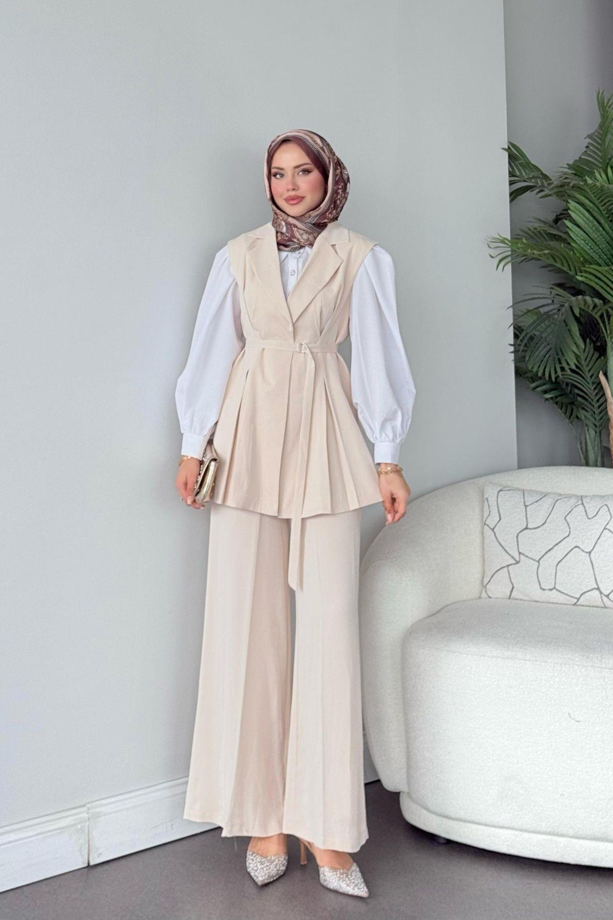 Ruha Yelekli Takım Bej, Fiyatları Ruha Yelekli Takım Bej- Haza Moda 