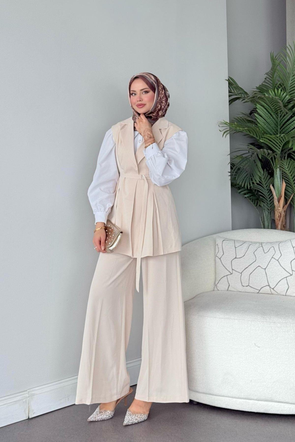 Ruha Yelekli Takım Bej, Fiyatları Ruha Yelekli Takım Bej- Haza Moda 