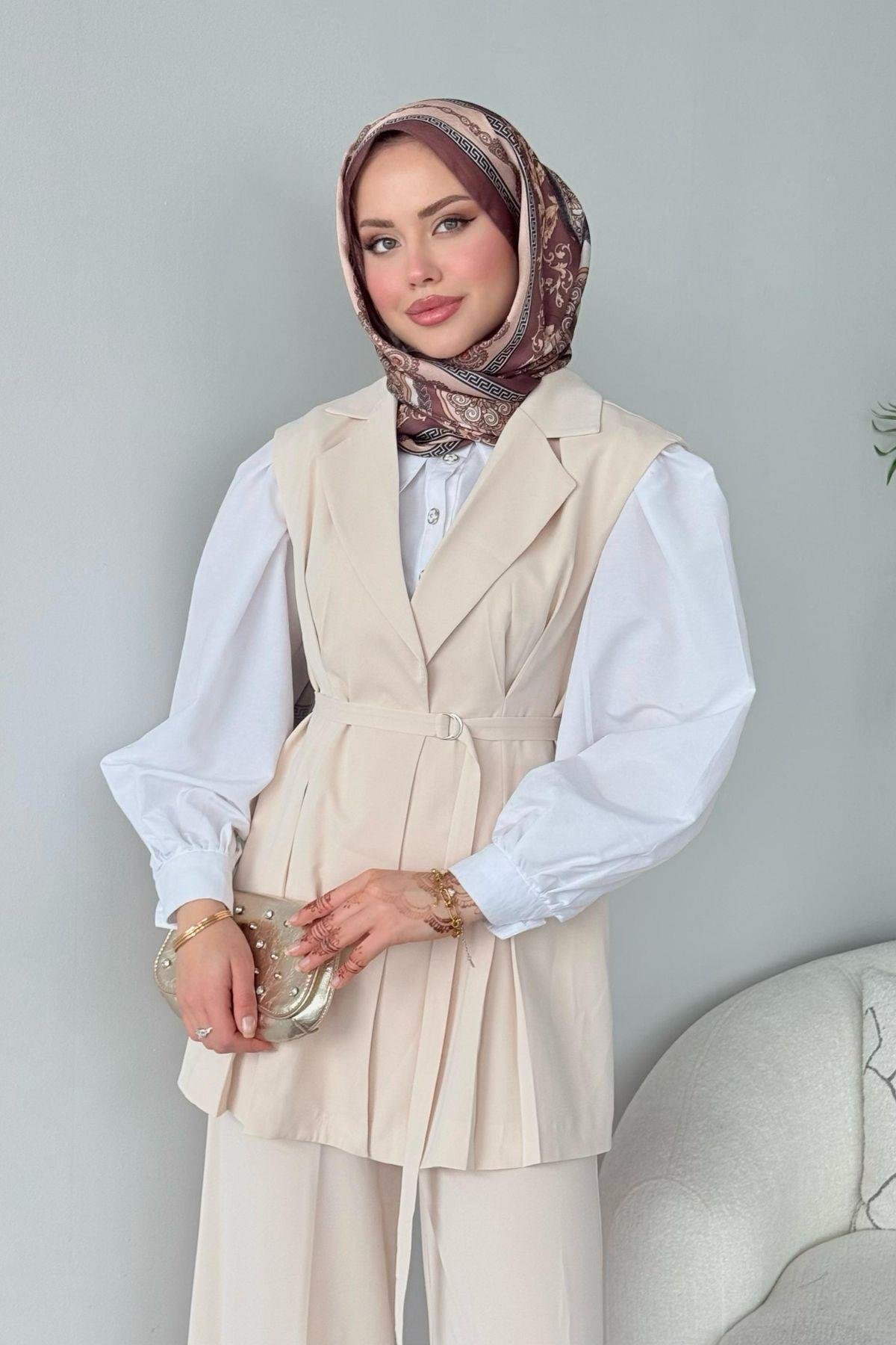 Ruha Yelekli Takım Bej, Fiyatları Ruha Yelekli Takım Bej- Haza Moda 