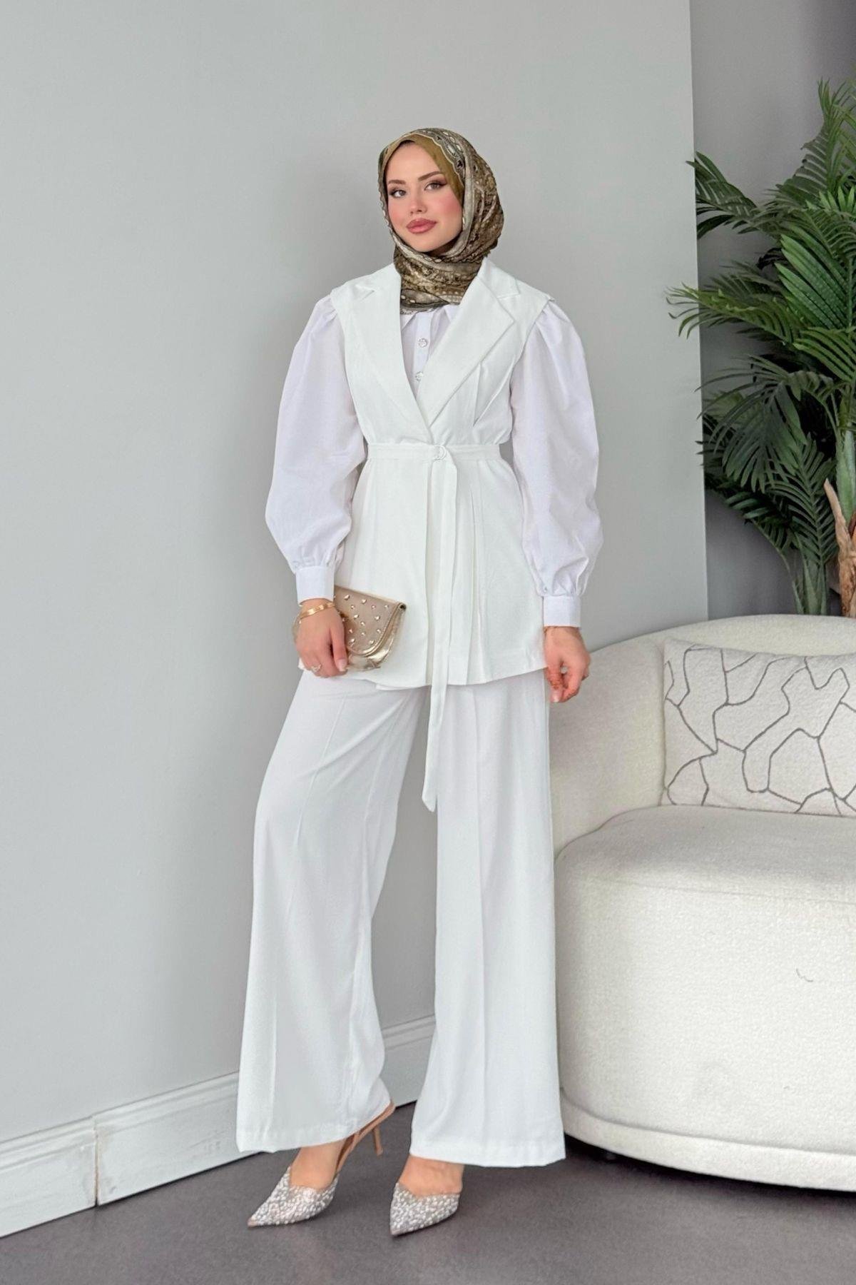 Ruha Yelekli Takım Beyaz, Fiyatları Ruha Yelekli Takım Beyaz- Haza Moda 