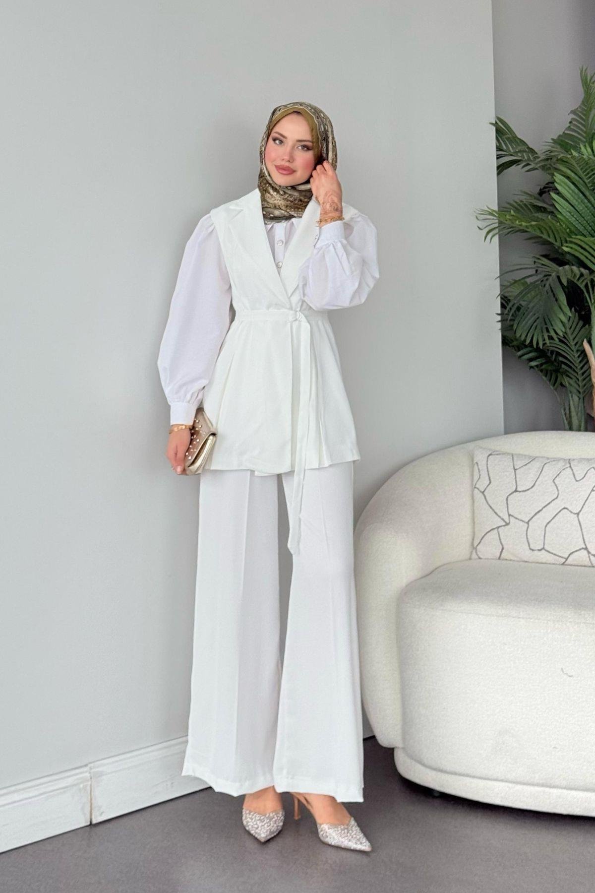 Ruha Yelekli Takım Beyaz, Fiyatları Ruha Yelekli Takım Beyaz- Haza Moda 