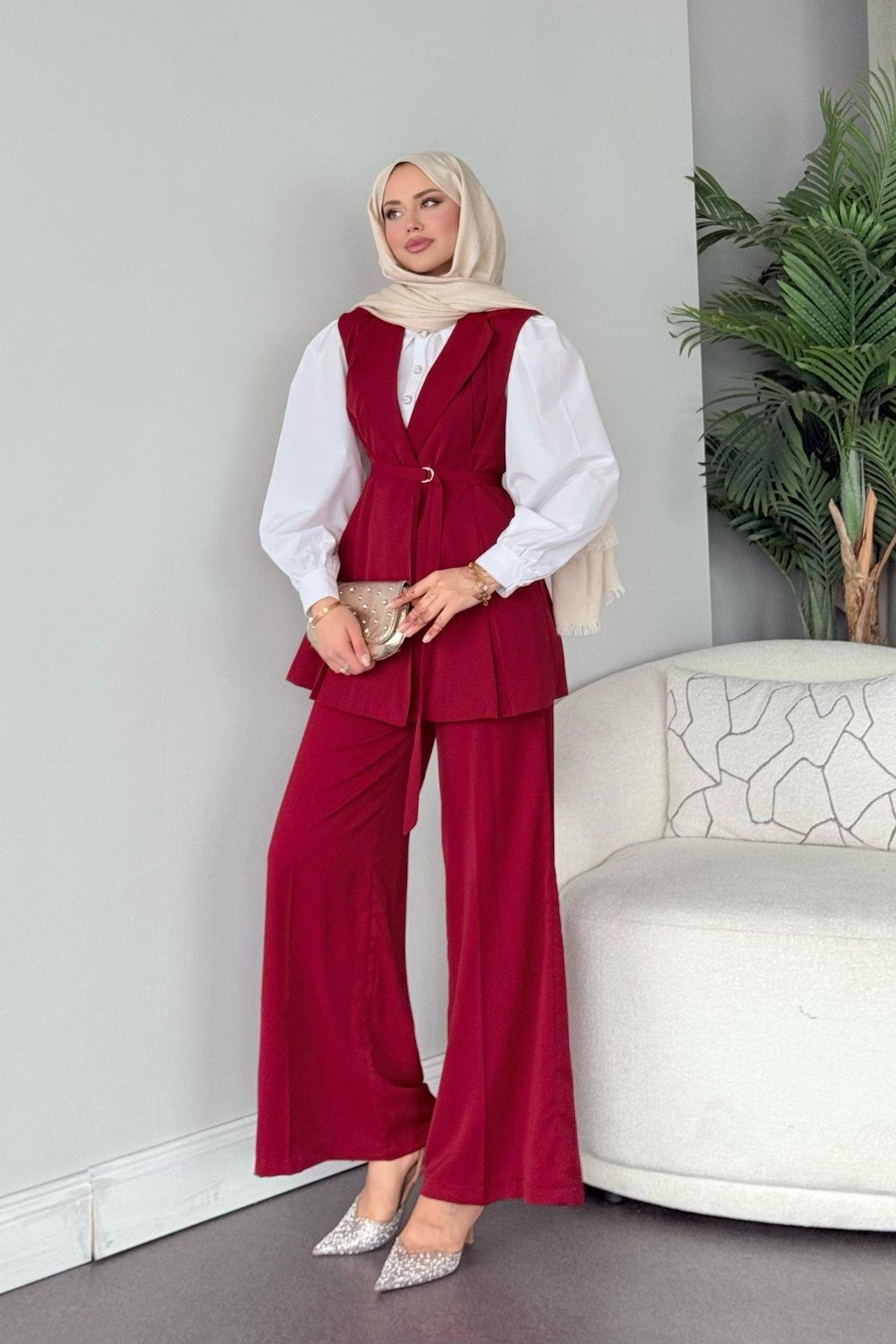 Ruha Yelekli Takım Bordo, Fiyatları Ruha Yelekli Takım Bordo- Haza Moda 